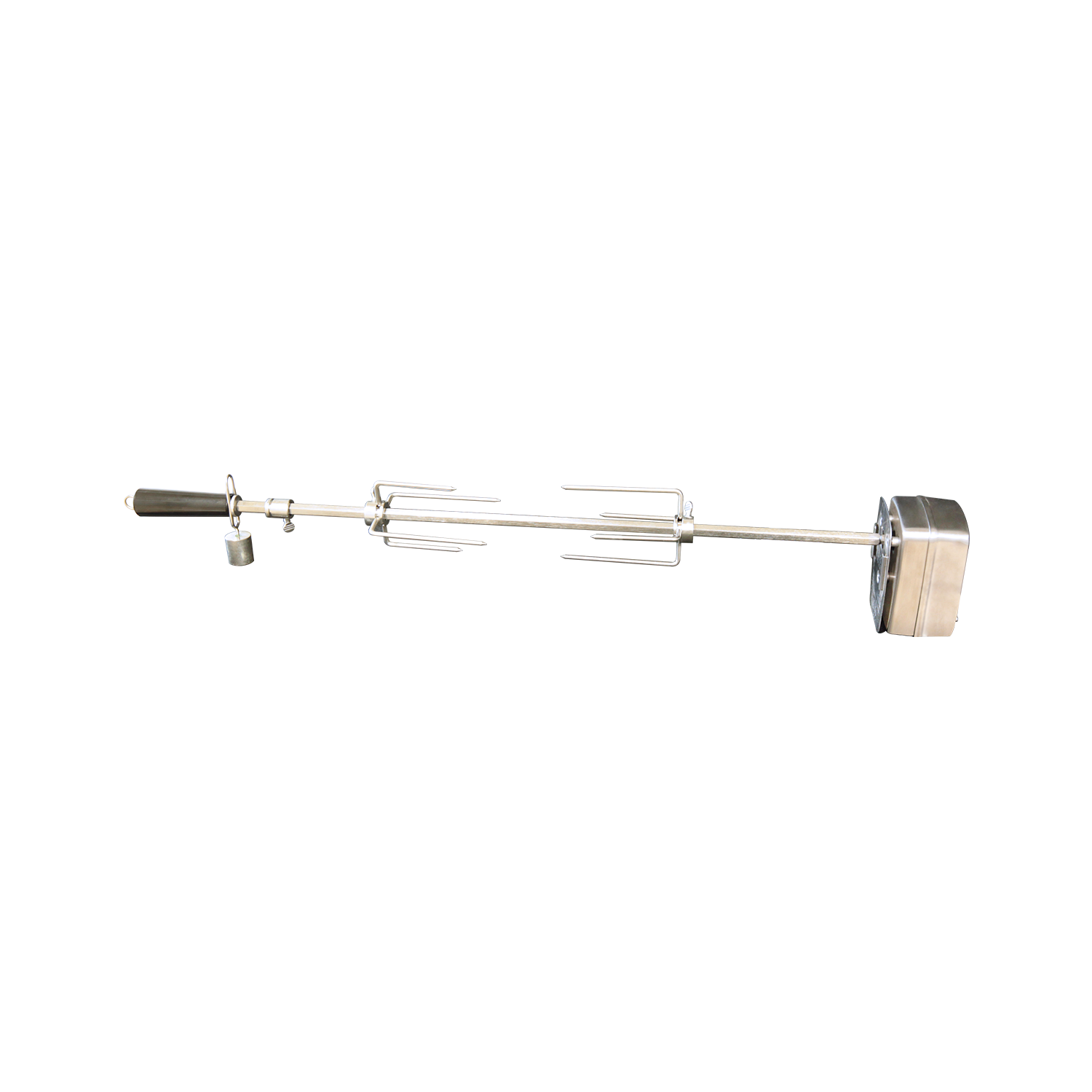Rotisserie spit rod with two adjustable forks and end mount for grill kit