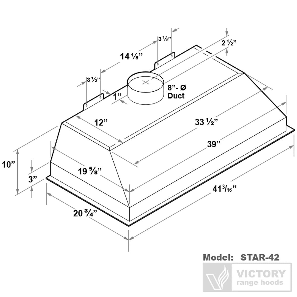 Range hood dimension diagram with duct opening and overall size measurements