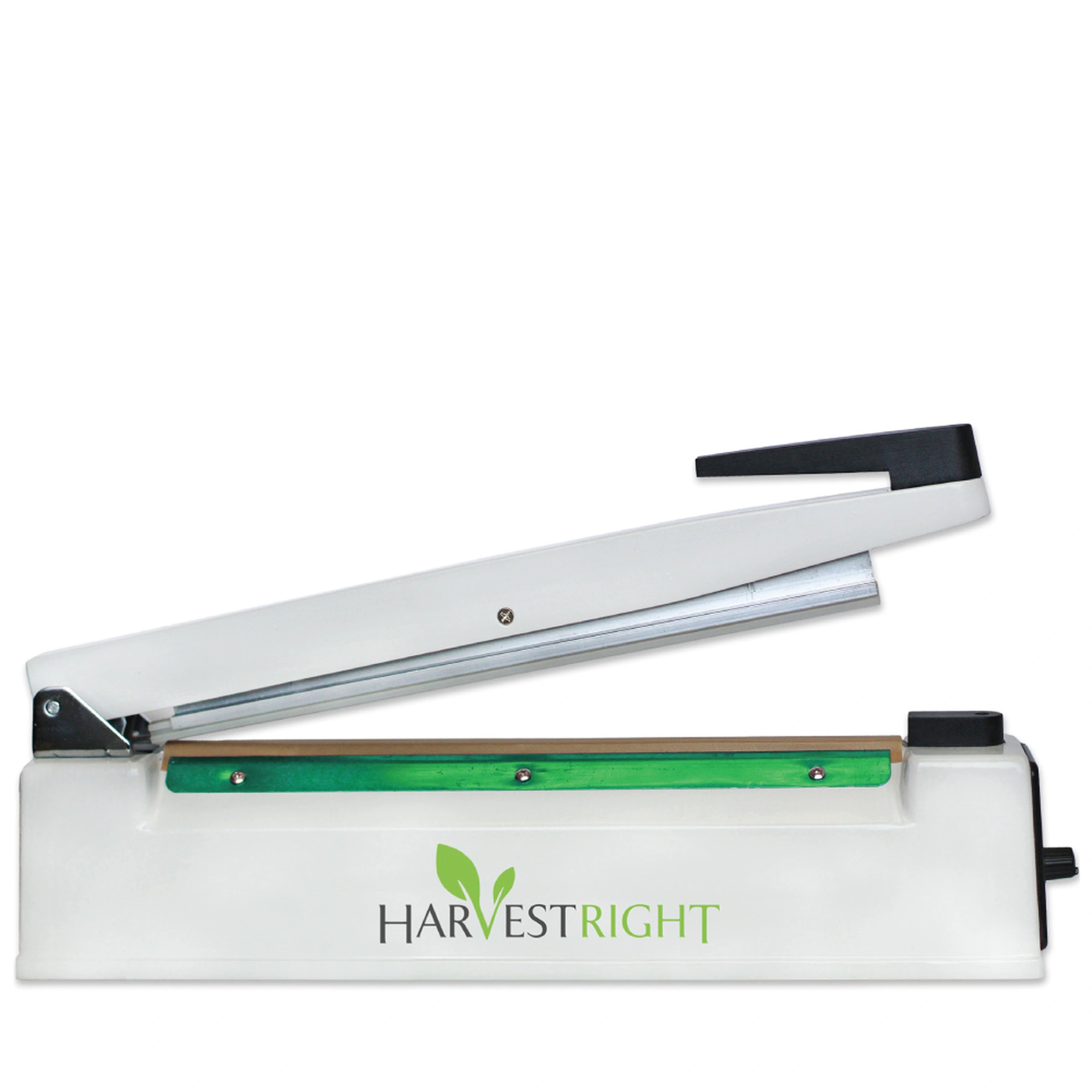White heat sealer with green heating bar and black handle, HarvestRight logo