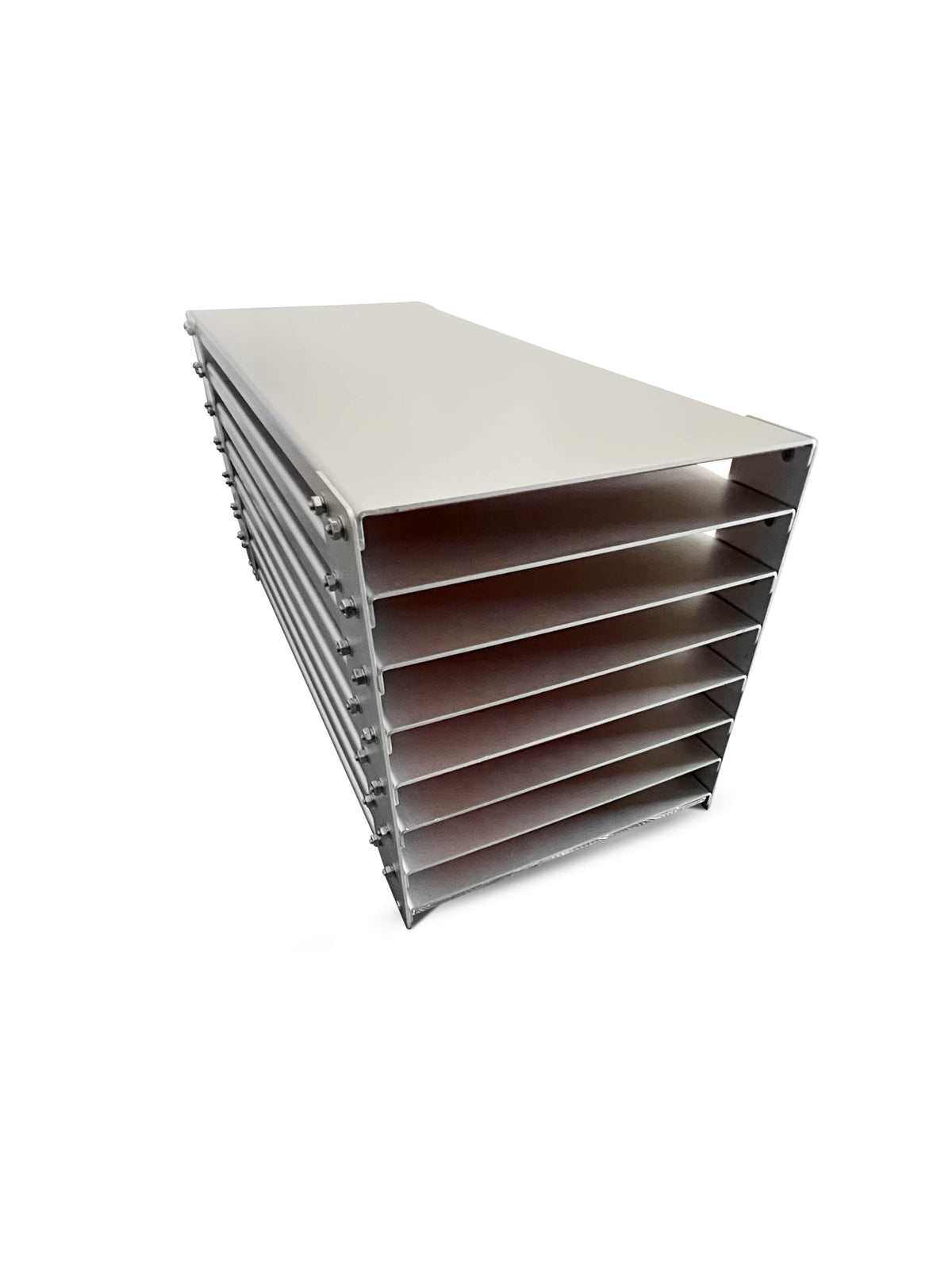 7-tray shelving unit, angled view, metal frame with stacked open trays
