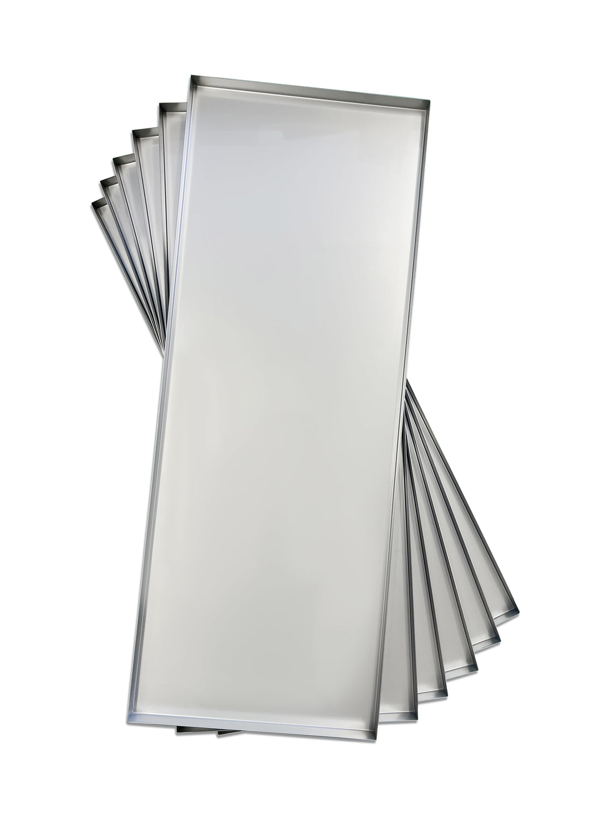 Freeze dryer tray set, six stainless-framed trays stacked with clear inserts