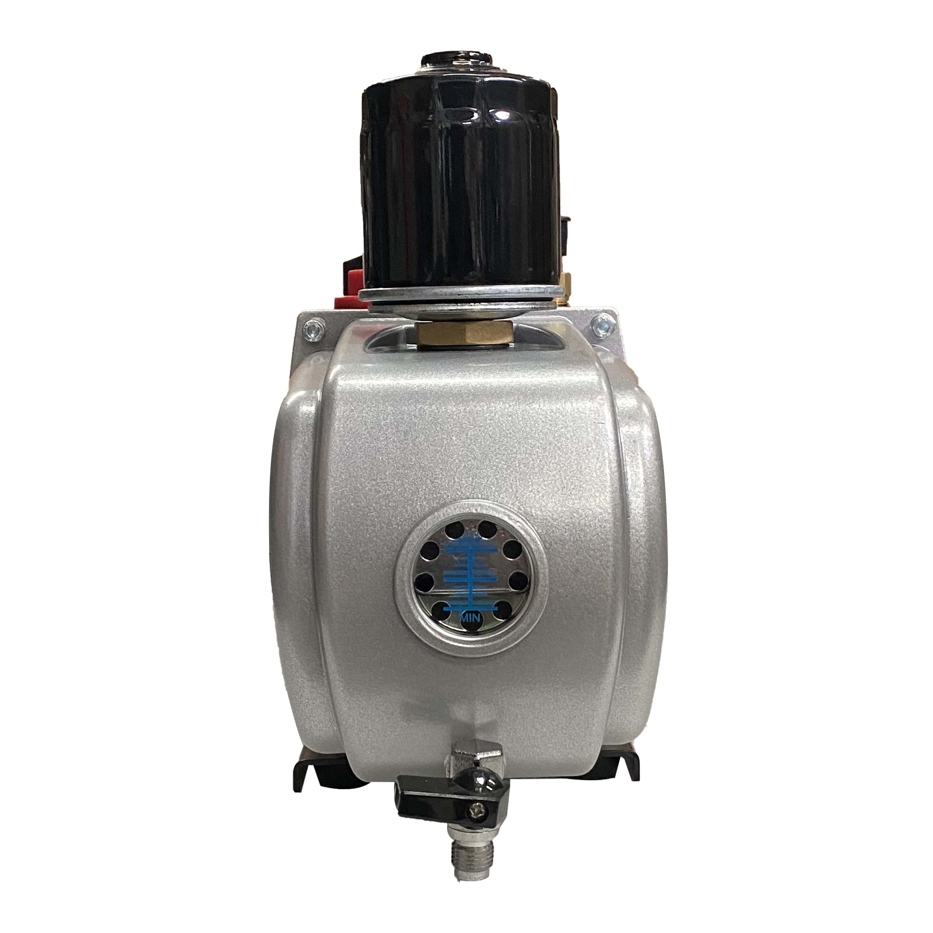 Vacuum pump with black top and silver housing, close-up of ports