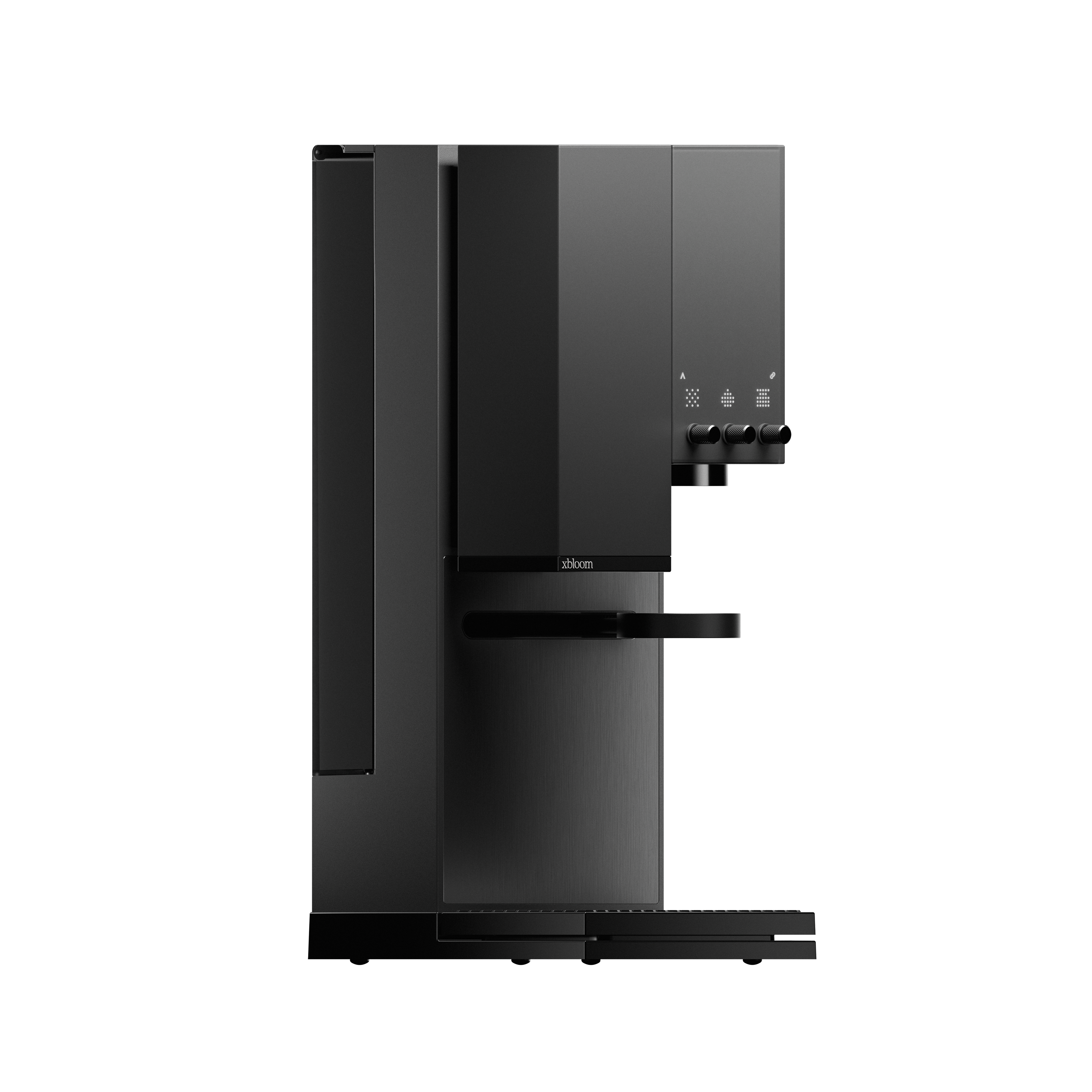 Midnight black coffee machine with side panels and dispensing spout, angled view
