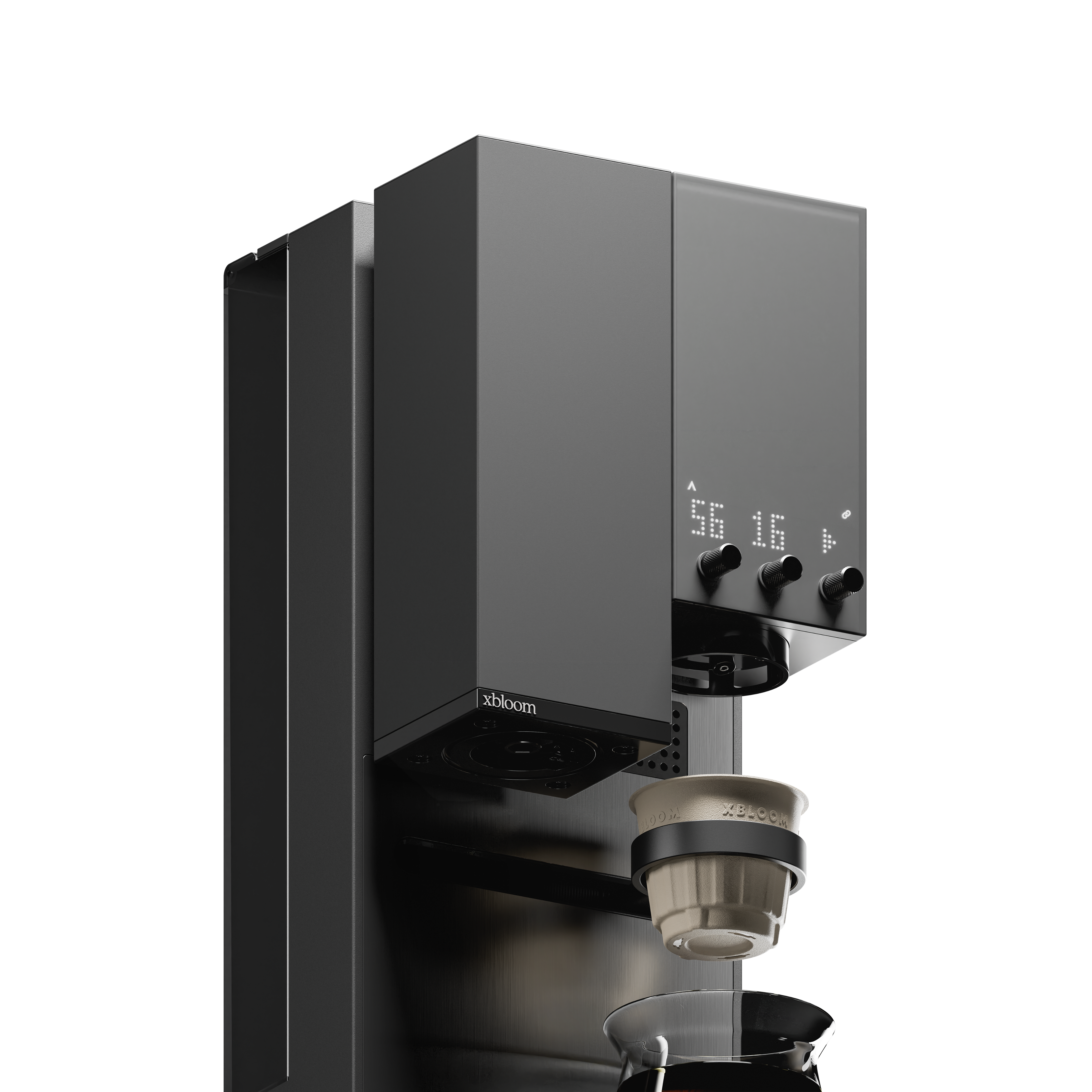 Midnight black coffee machine with control panel and dispensing head, angled close-up