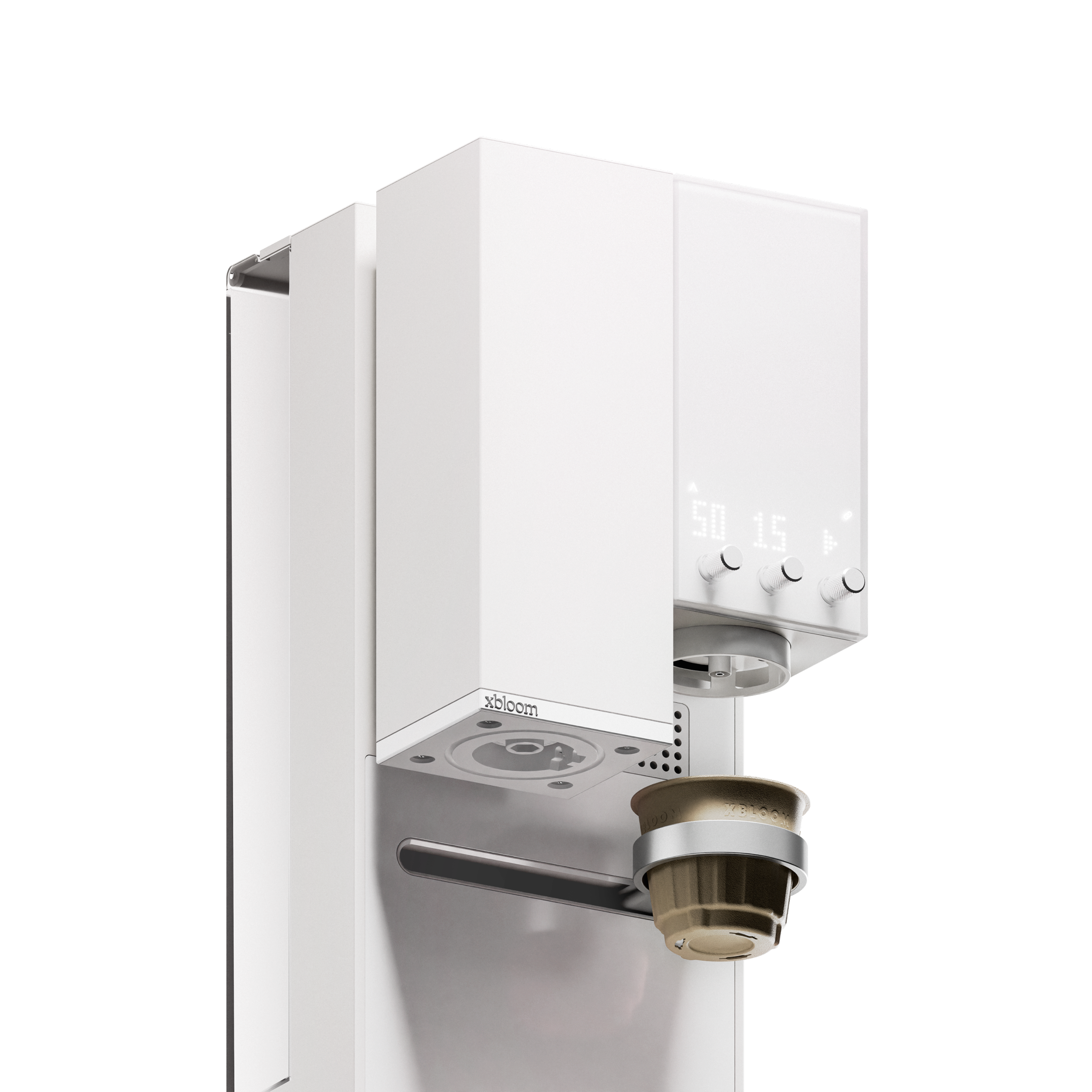 Moonlight white coffee machine with dispensing head and drip tray, angled close-up