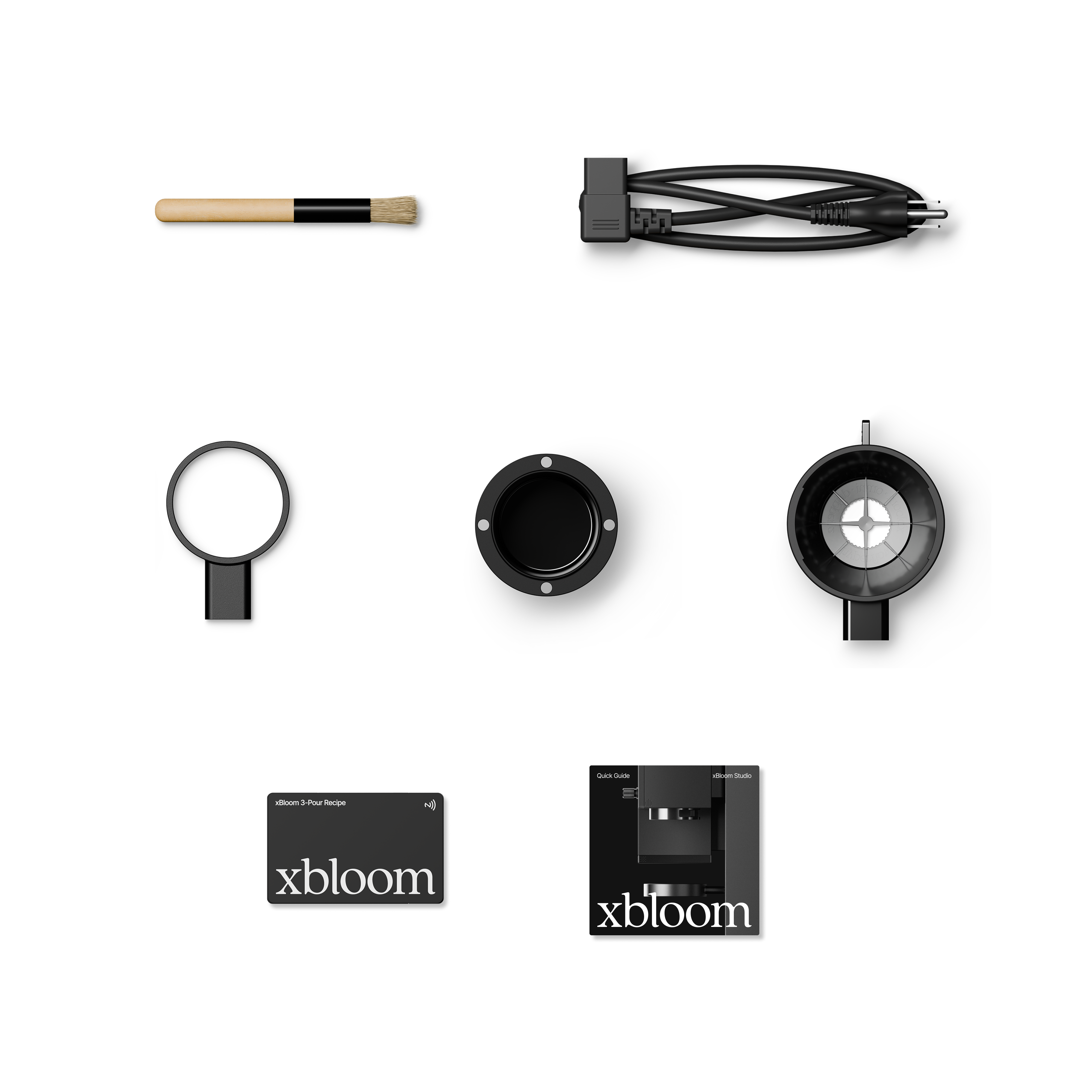 Coffee machine accessory kit with cable, circular filters, and included xBloom cards
