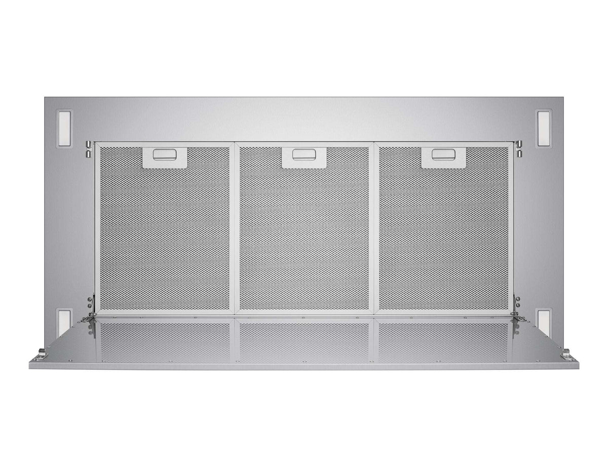 Range hood with front grille open, showing three aluminum mesh filter panels