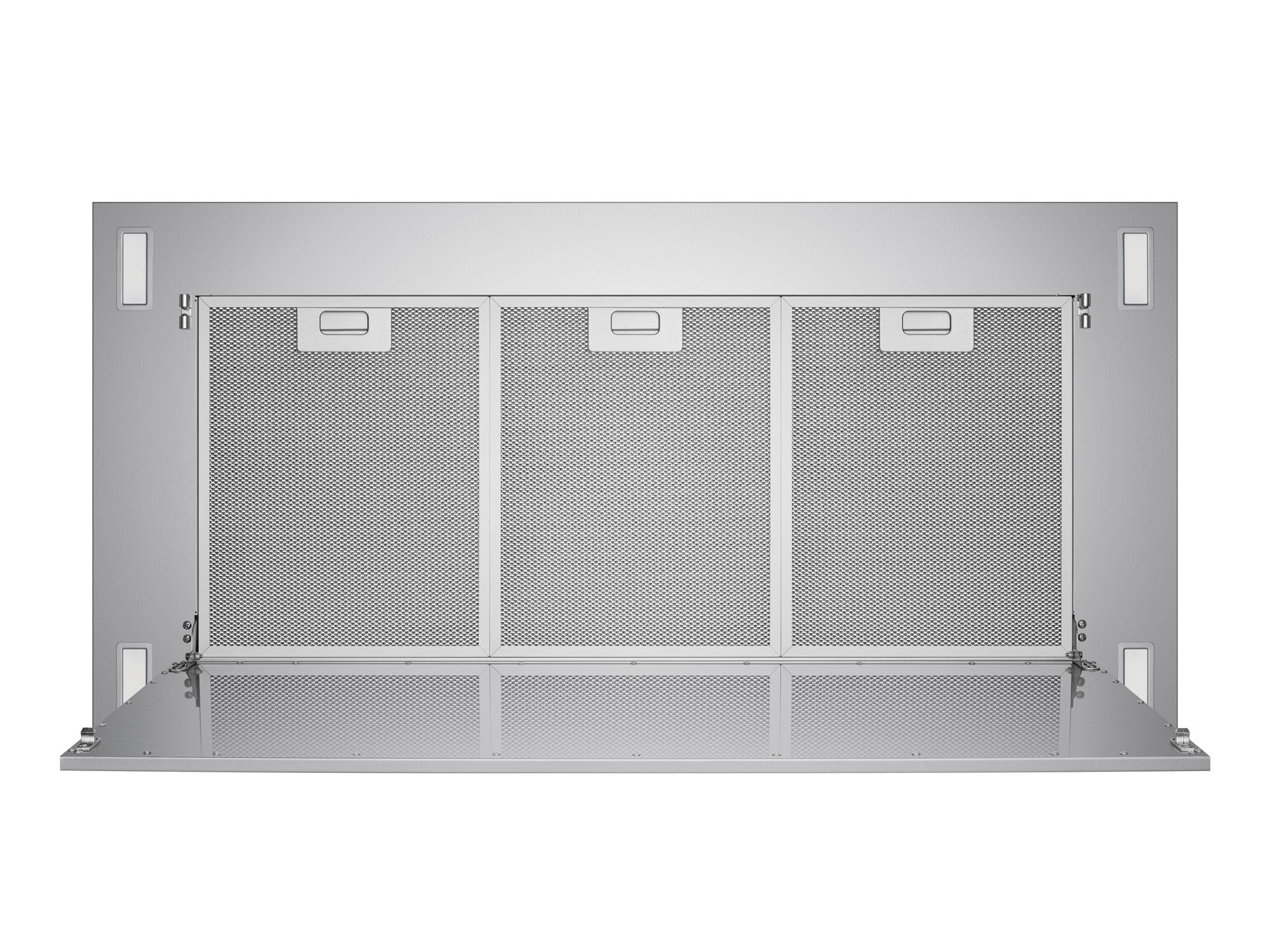 Flush ceiling mount range hood with three aluminum mesh filter panels open