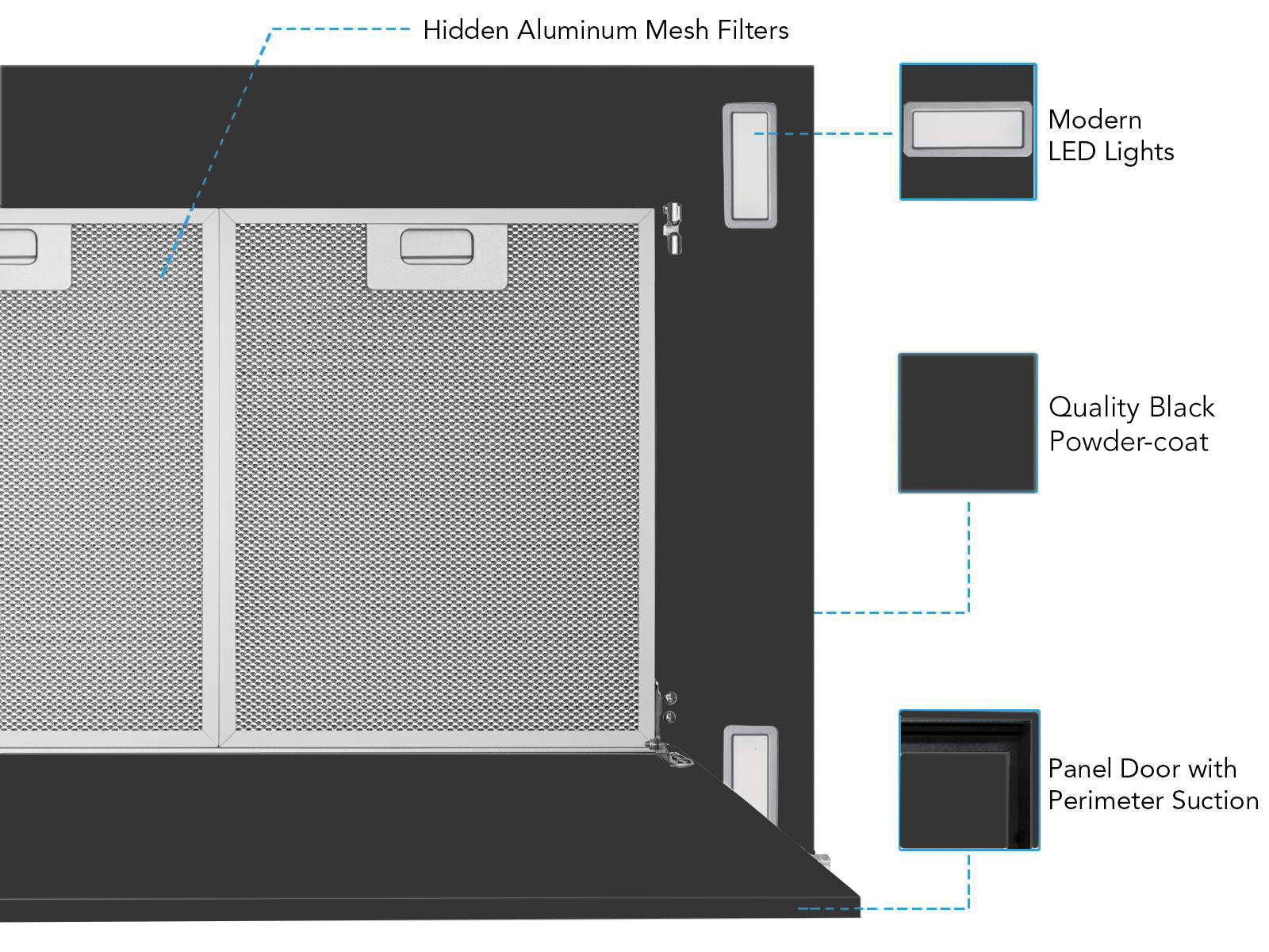 Black range hood showing hidden aluminum mesh filters and perimeter suction