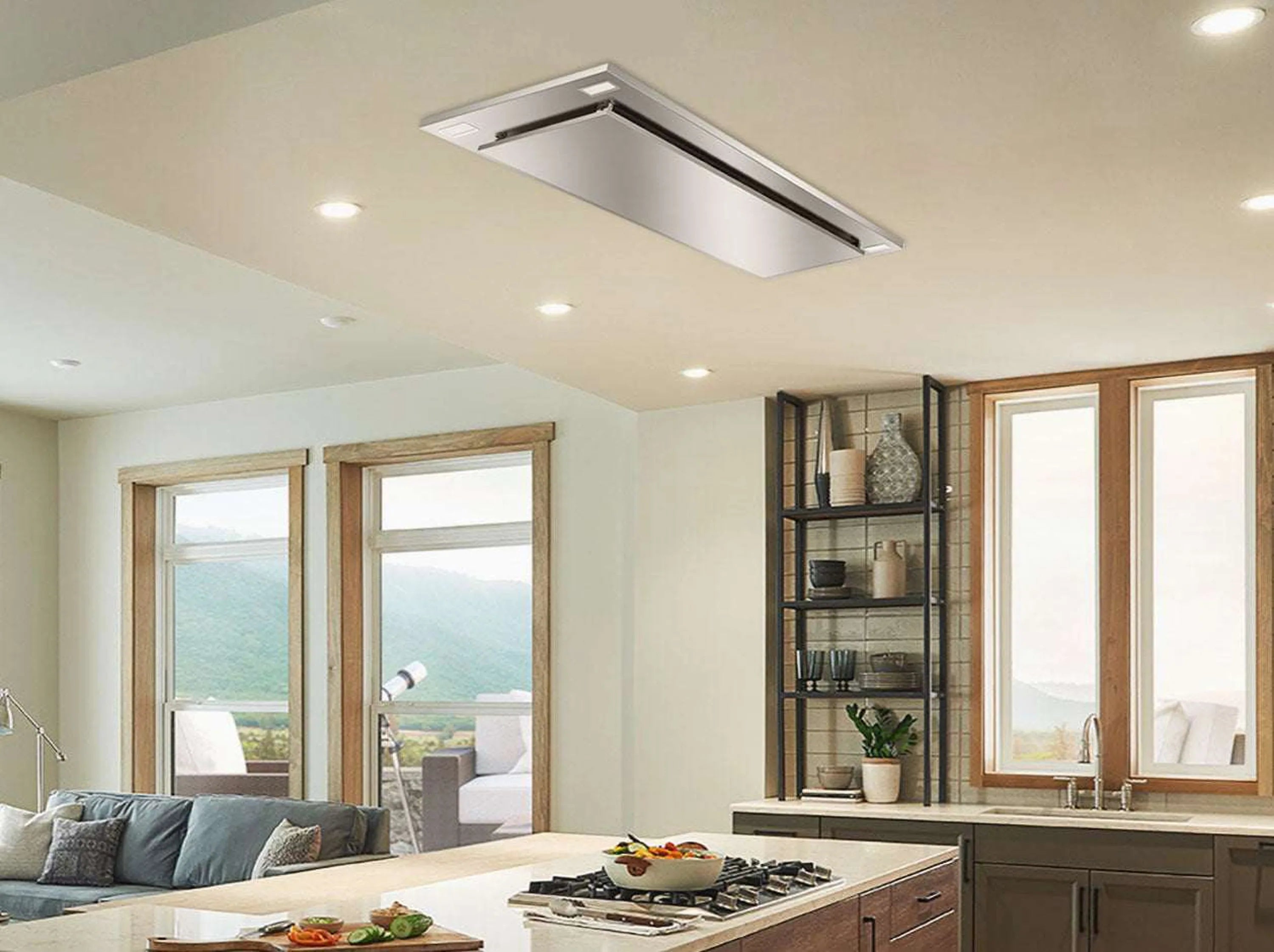 Stainless steel flush ceiling range hood installed above the cooktop