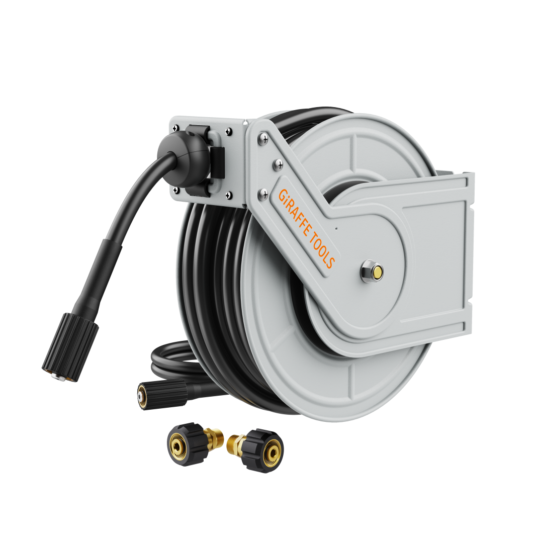 Retractable pressure hose reel with light gray drum, black hose, and inlet connectors