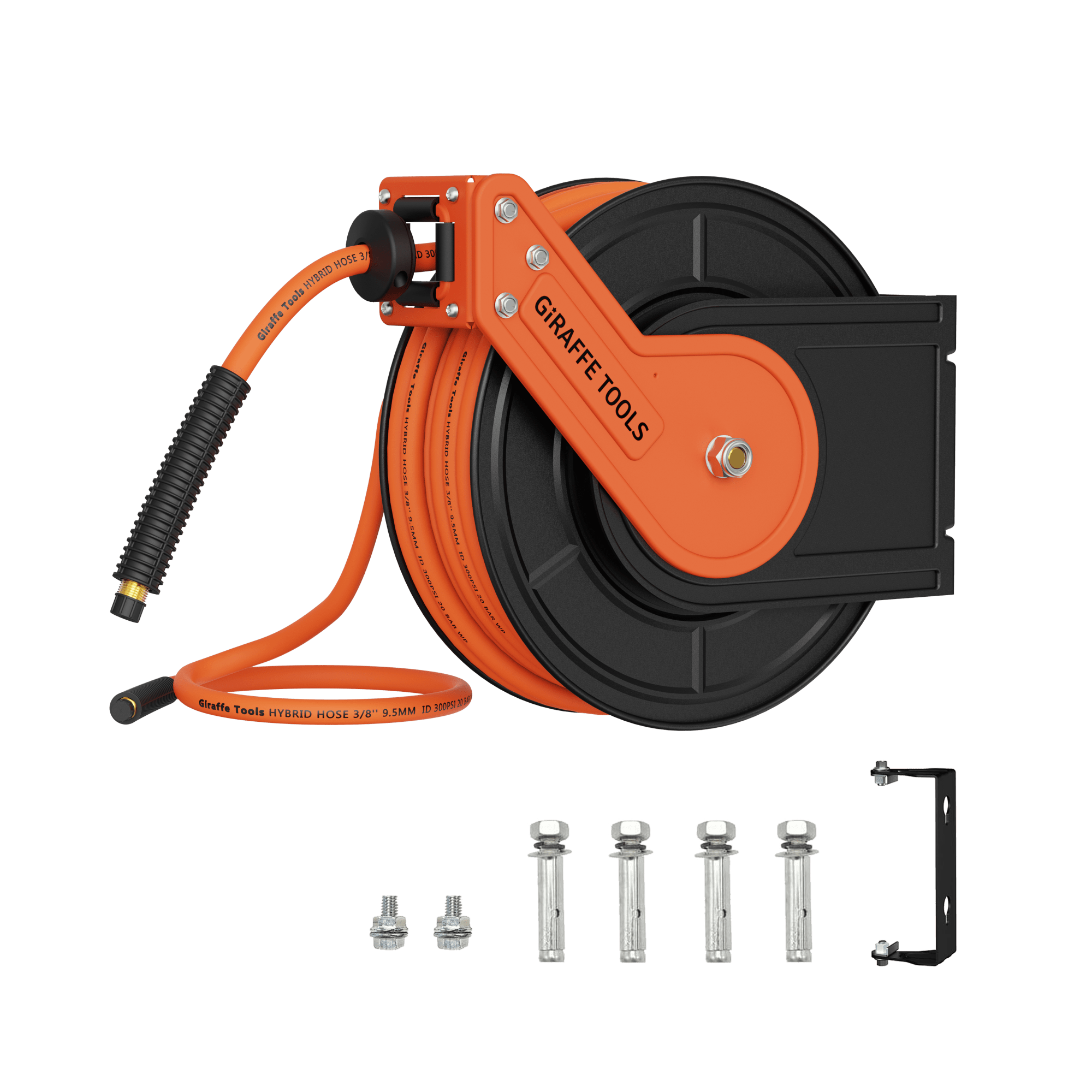 Orange retractable air hose reel with black hose reel cover and connector nozzle