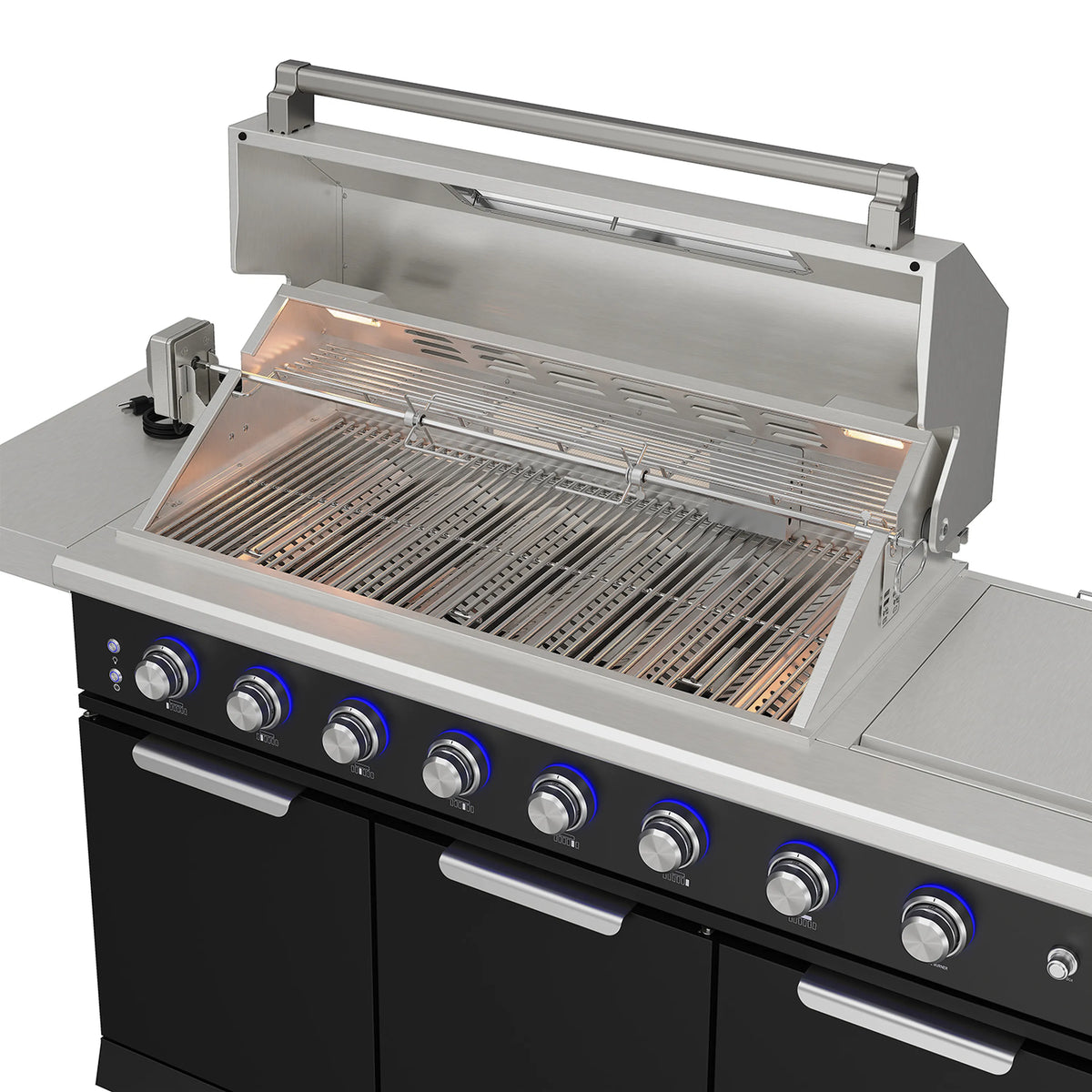 Open outdoor gas grill with stainless hood and metal cooking grates over black base