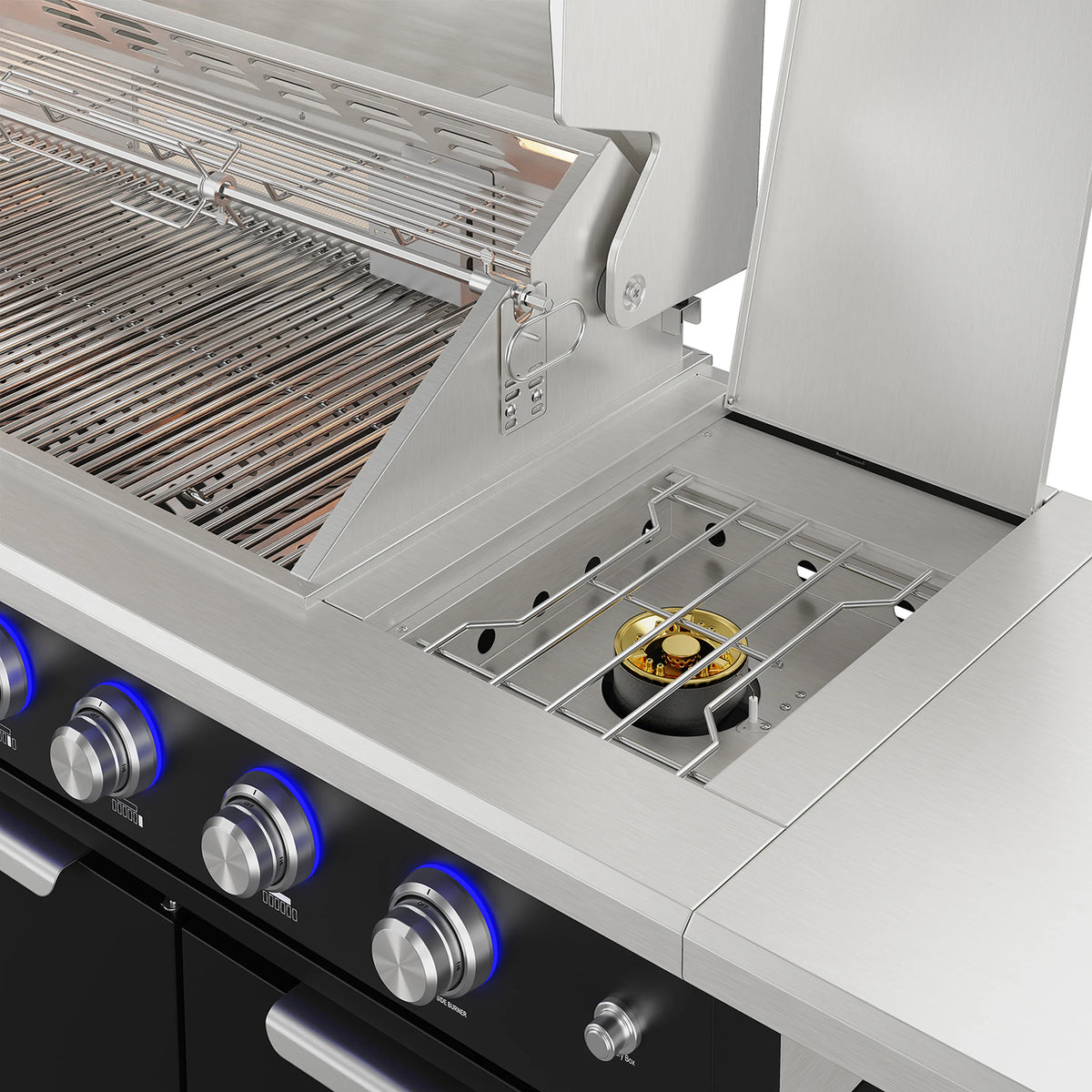 Built-in grill with open hood showing burner area and side cooking grate