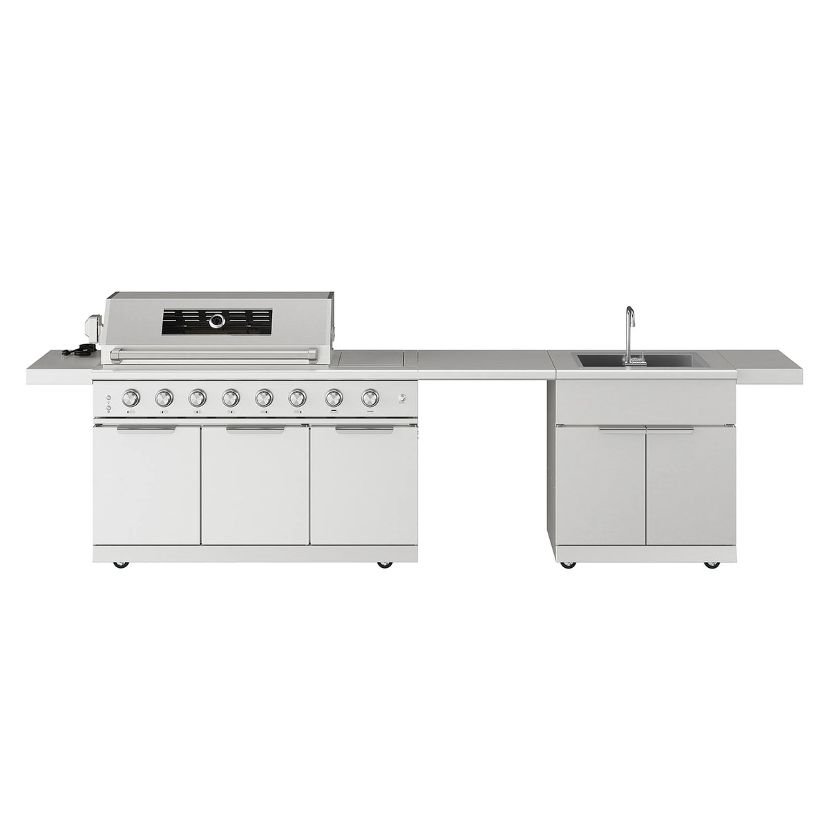 Stainless steel outdoor kitchen island gas grill with sink and countertop cabinets