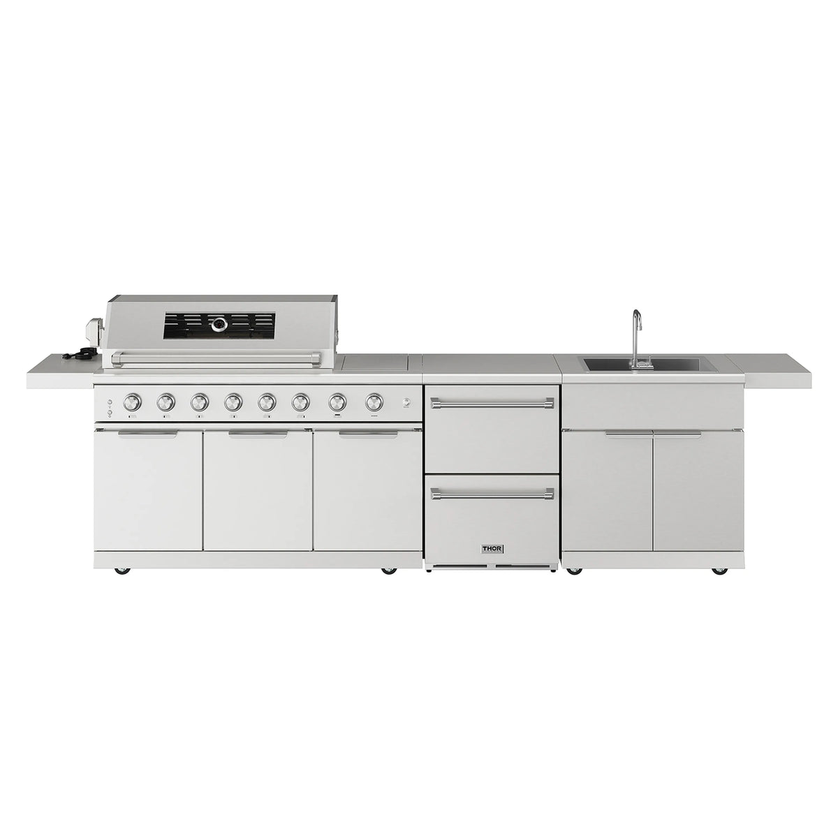 Outdoor kitchen island gas grill with open drawer storage and stainless steel side panels