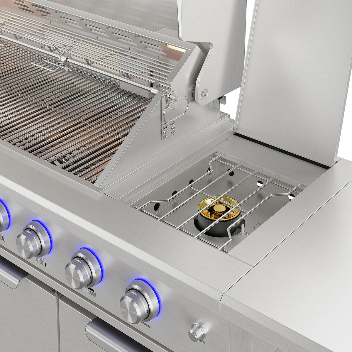 Gas grill with open lid, metal grates, and pull-out side burner tray