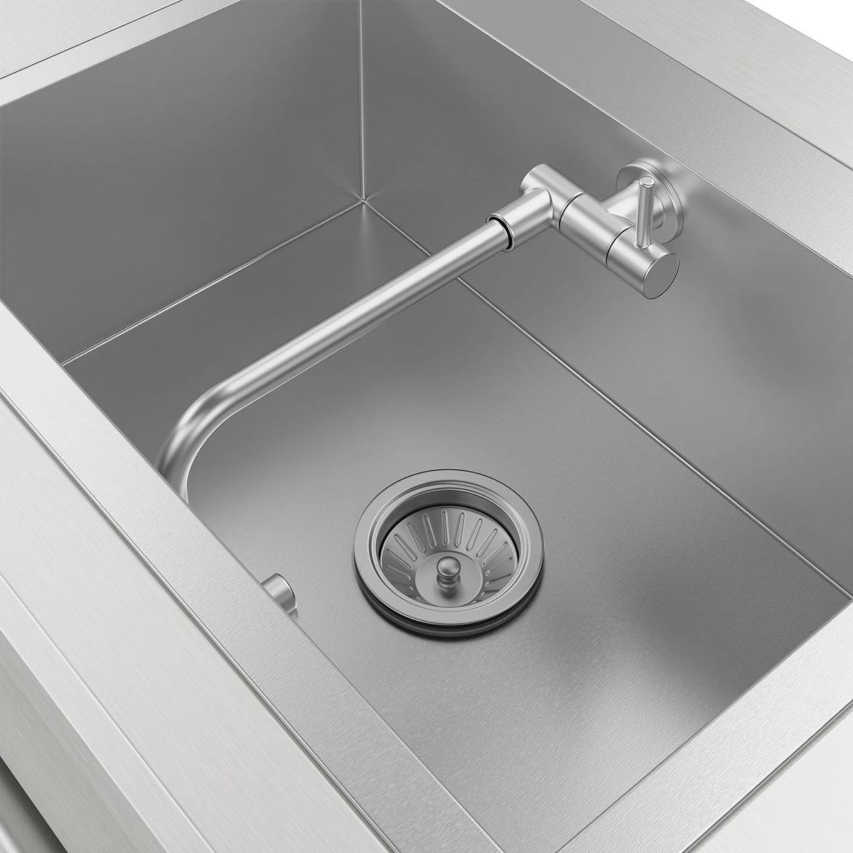 Stainless steel sink basin with round drain and side faucet