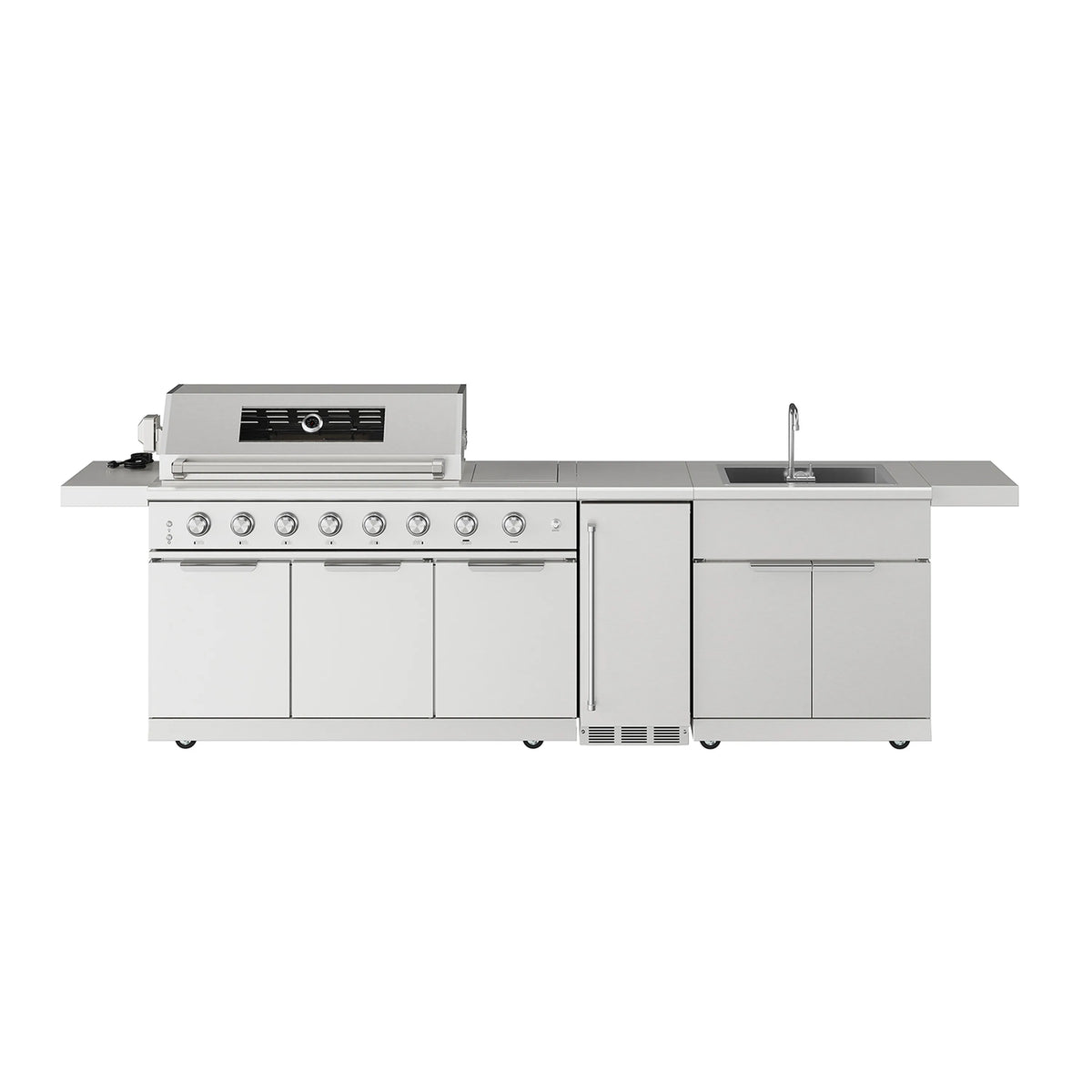 Outdoor kitchen island gas grill with open center door, long countertop, and knobs