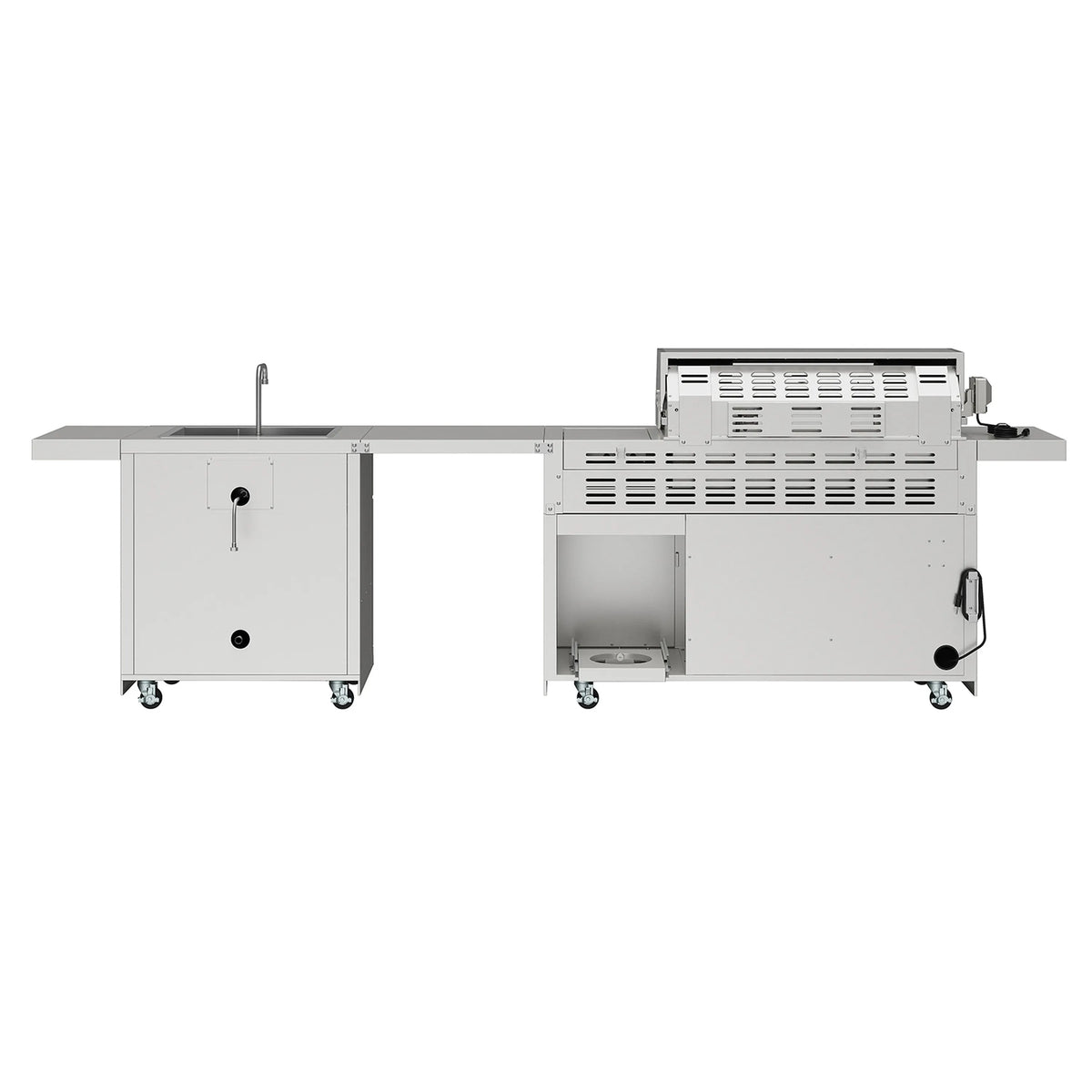 Outdoor kitchen island gas grill with open compartment panel and raised grill hood