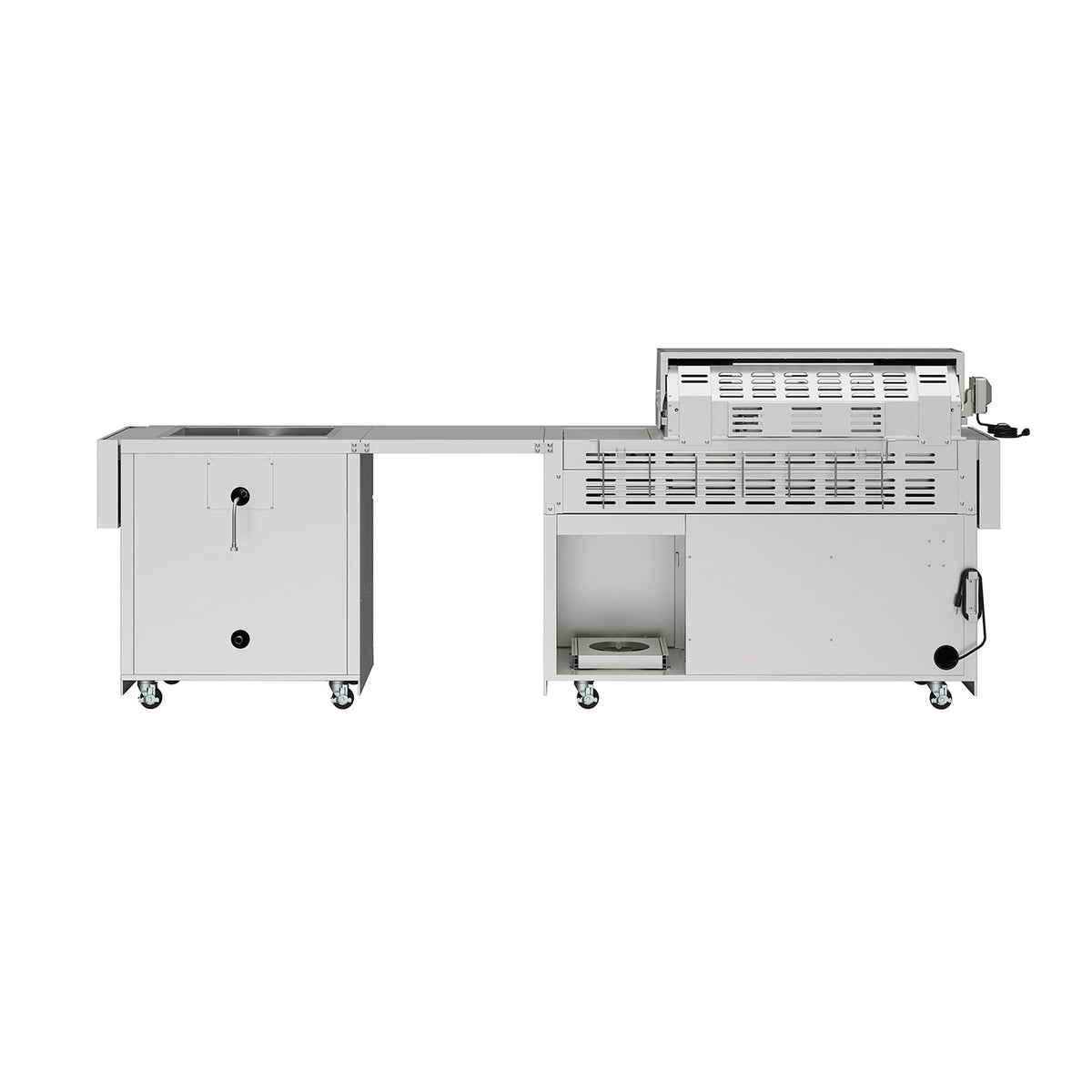Outdoor kitchen island gas grill showing open access compartment with grill interior