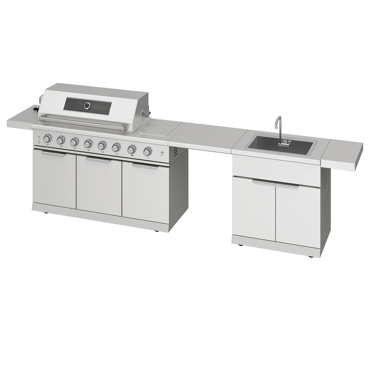 Stainless steel outdoor kitchen island gas grill with sink, faucet, and side cabinets