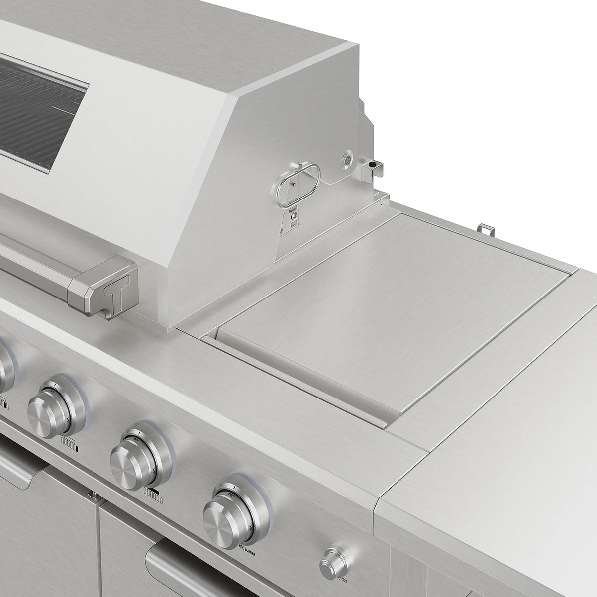 Stainless steel grill with open hood and flat cooking surface on the island