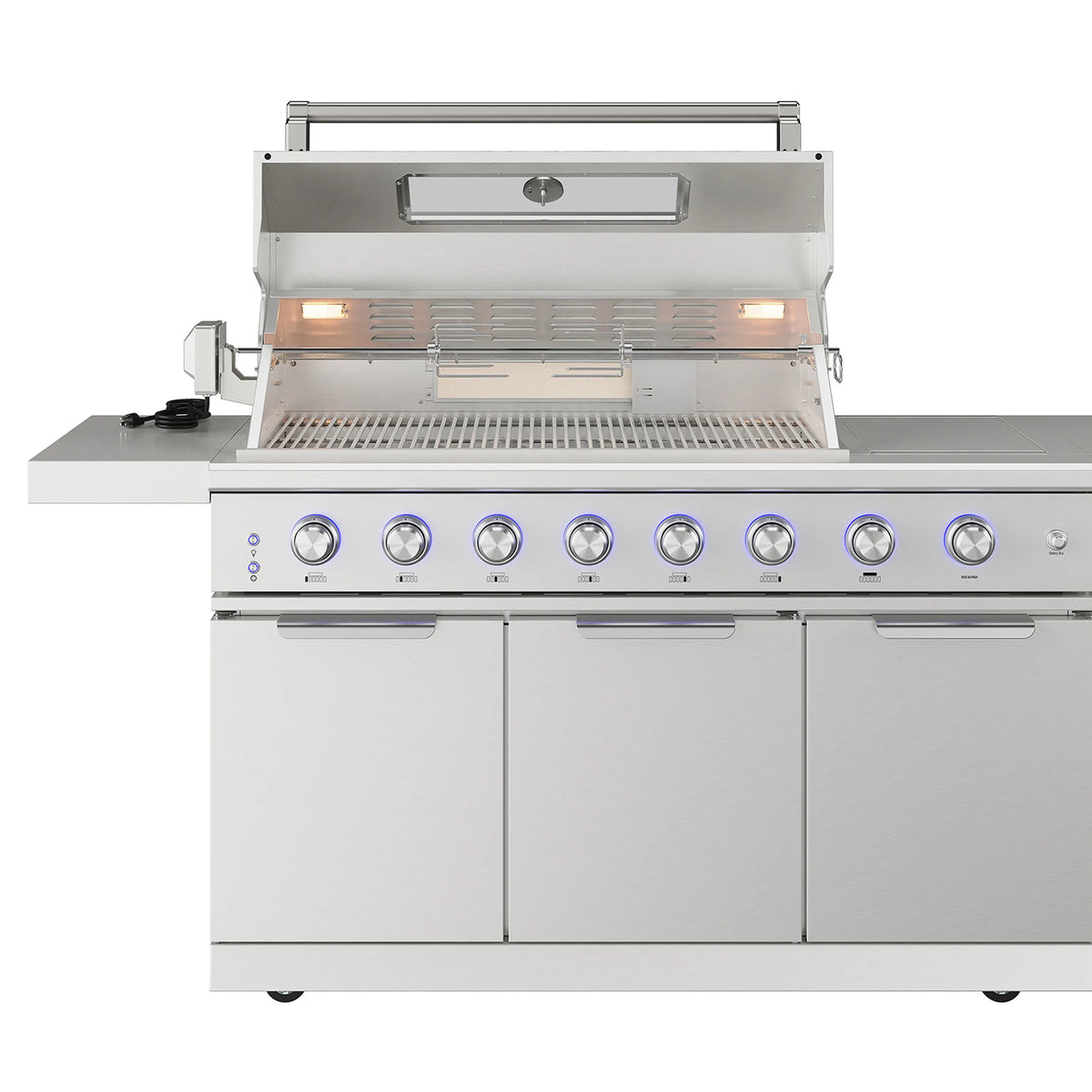 Outdoor gas grill with lid open, glowing burners inside, and front control knobs