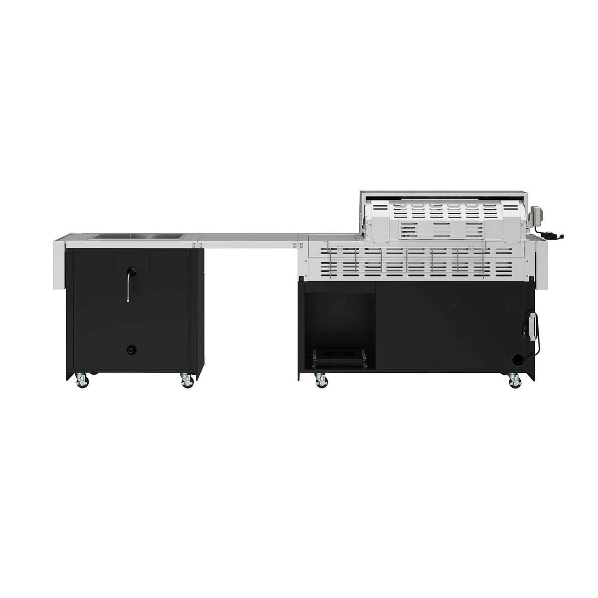 Outdoor kitchen island with open grill cabinet doors and storage drawers
