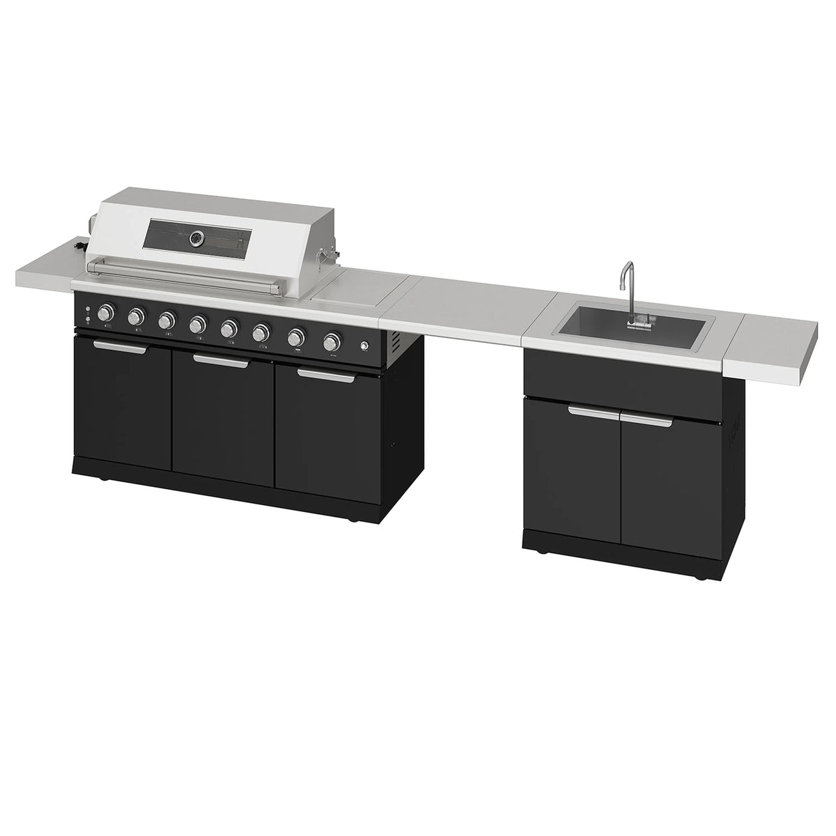 Outdoor kitchen island grill with black cabinets, stainless hood, and square sink basin