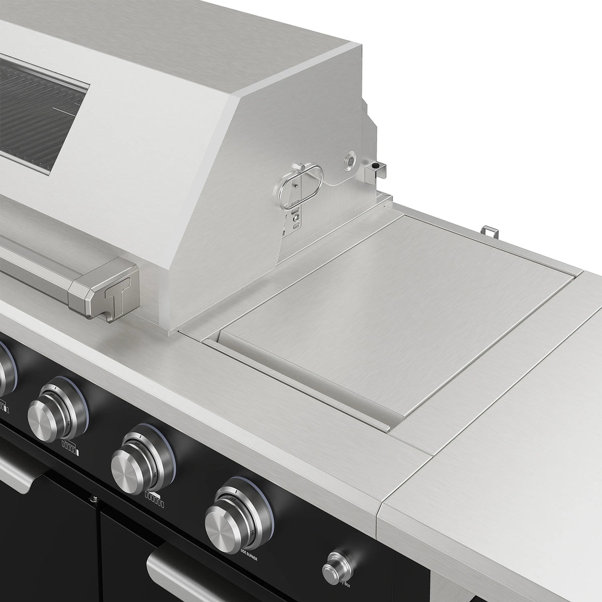Outdoor kitchen island side prep tray with side burner on countertop