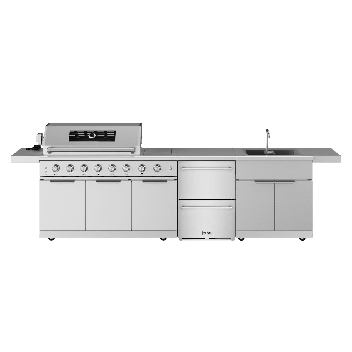 Thor stainless steel 10 ft outdoor kitchen island with built-in gordon ramsay 24-inch refrigerator drawers