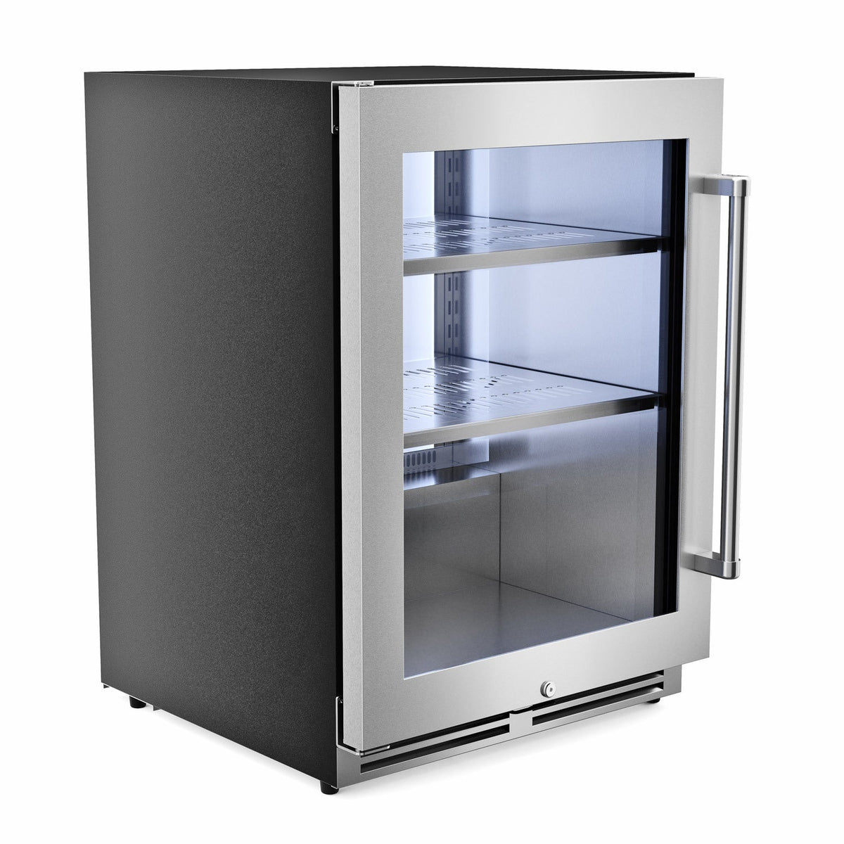Black under-counter cooler with open door showing stainless interior shelves