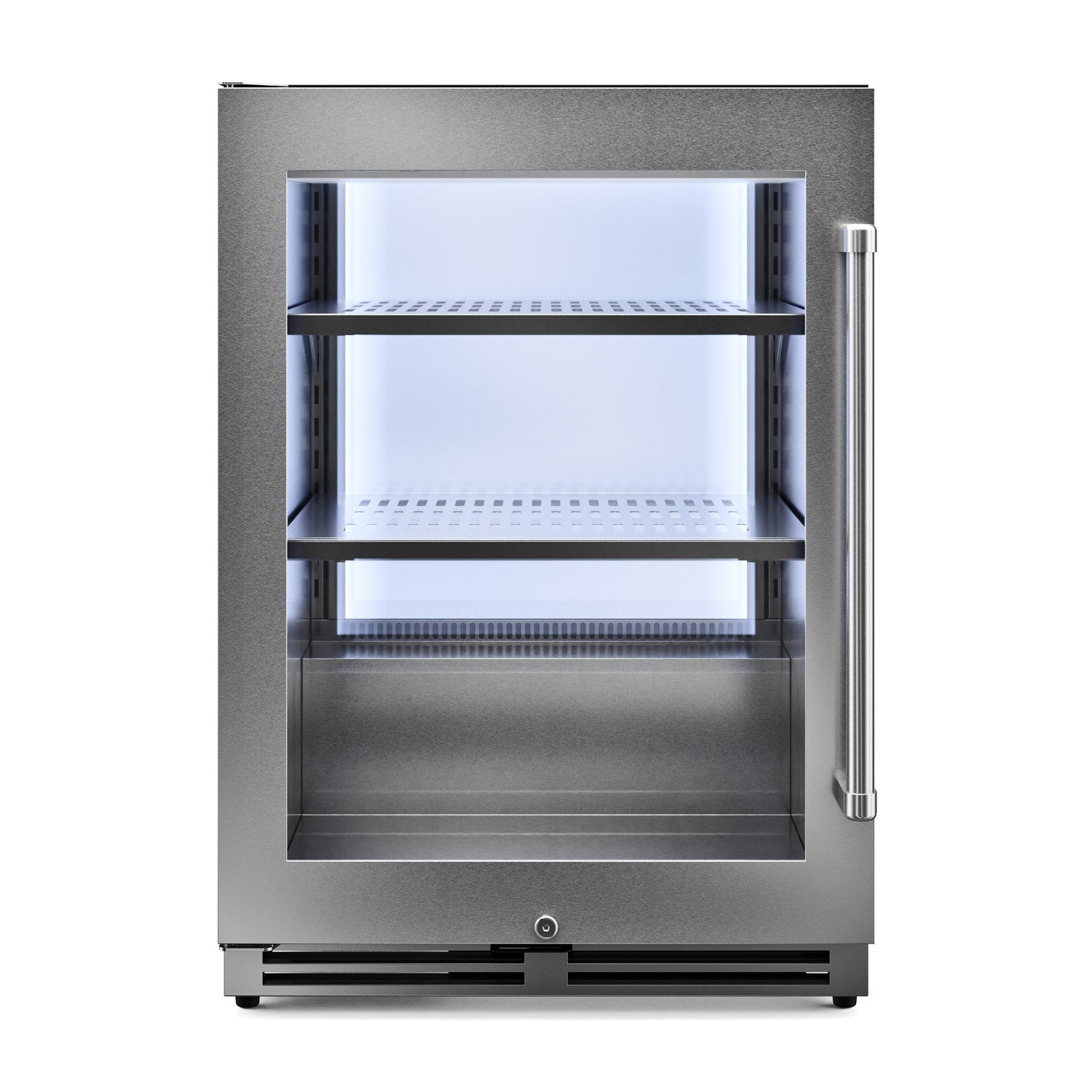 Stainless steel under-counter cooler with open door and two adjustable wire shelves