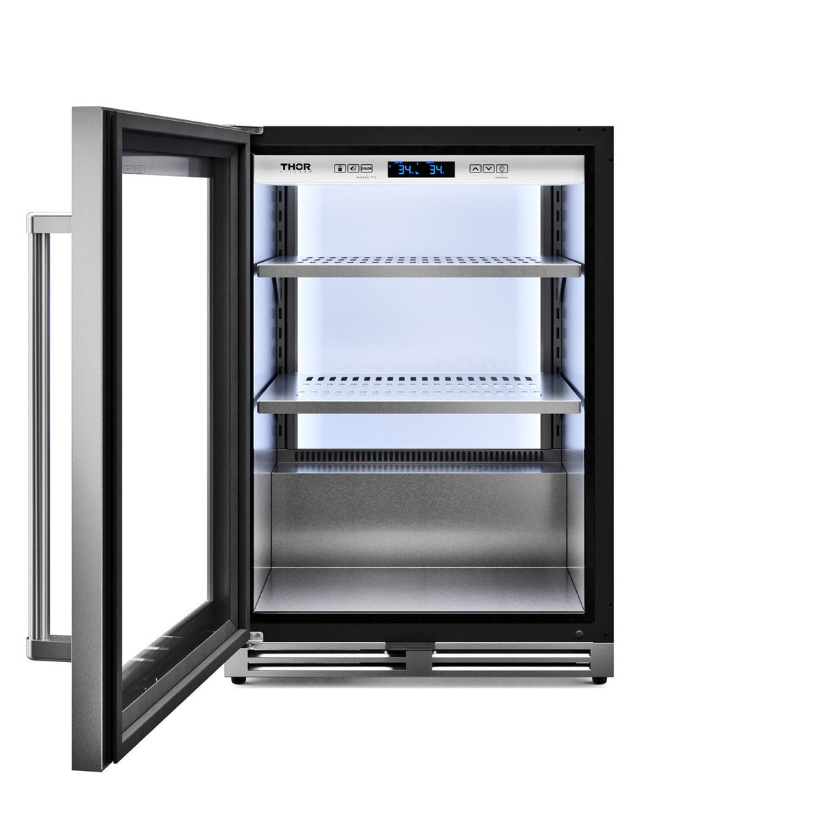Stainless steel beverage cooler with left-hinged open door and interior wire shelves
