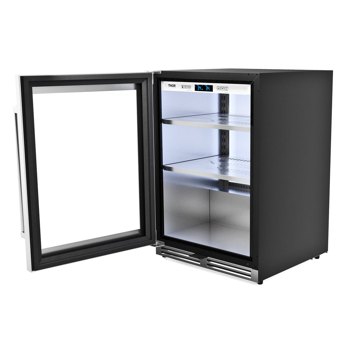 Dark beverage cooler with open glass door and adjustable interior shelves