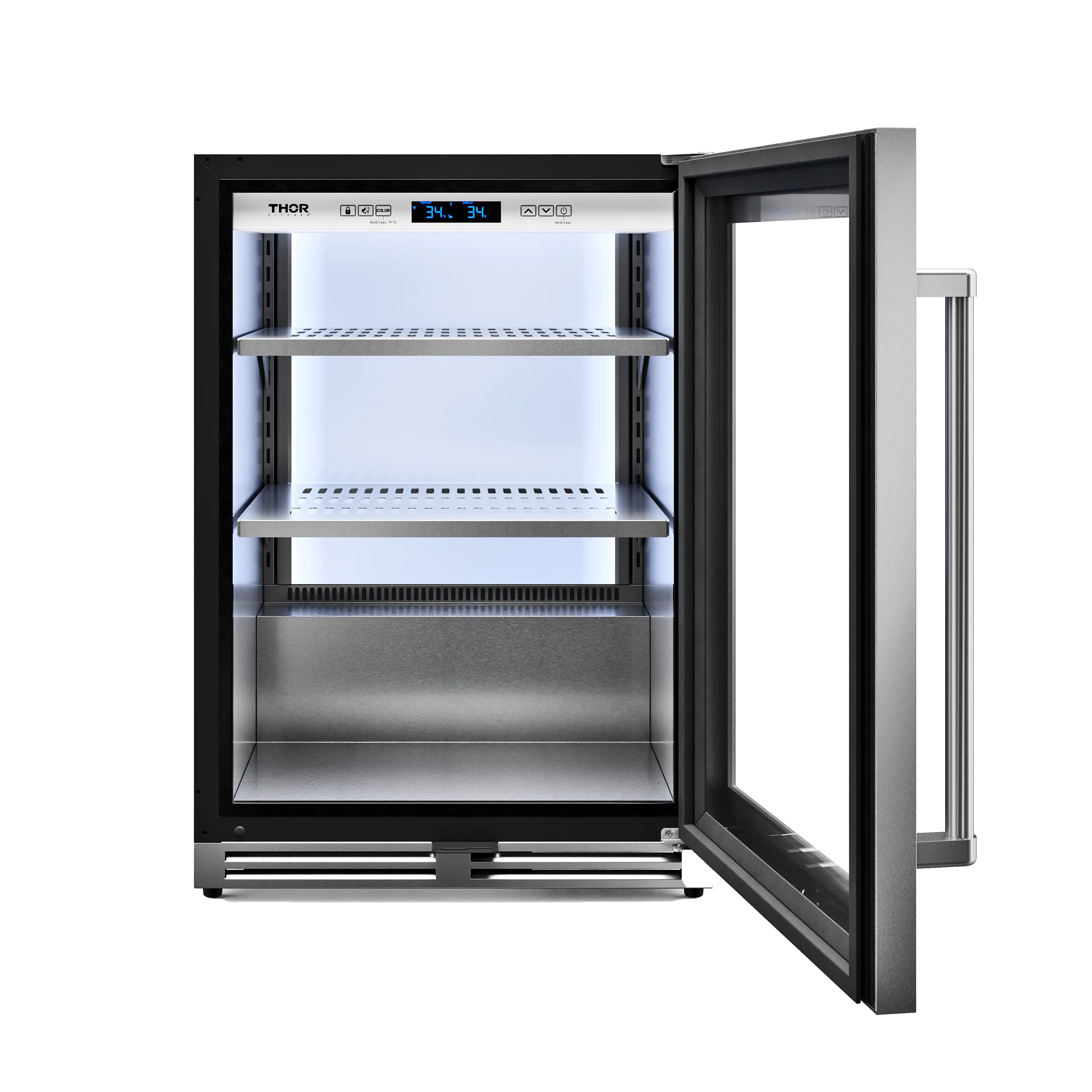 Stainless steel undercounter beverage cooler with open door, interior shelves