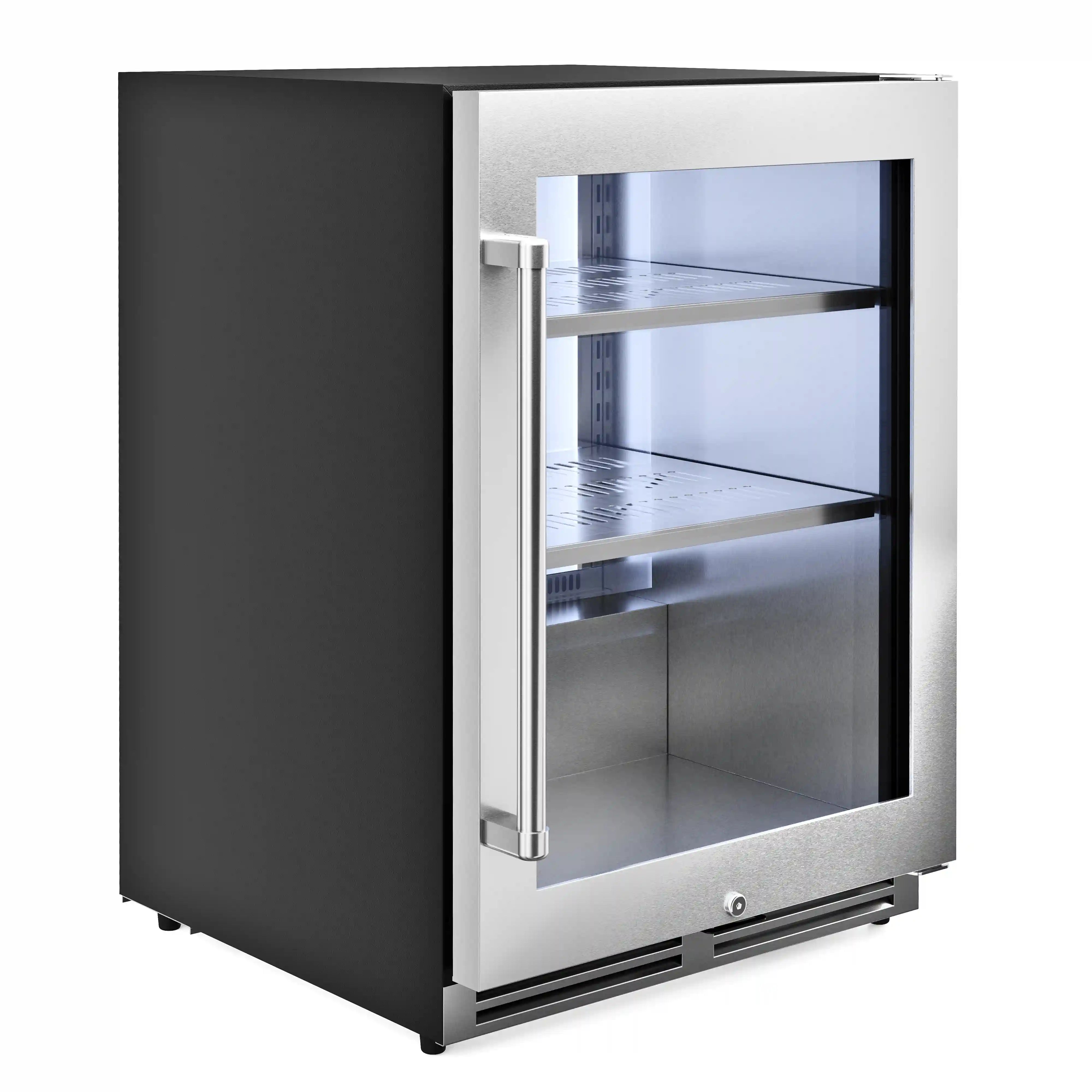 Stainless steel undercounter beverage cooler with right-hinge glass door and interior shelves