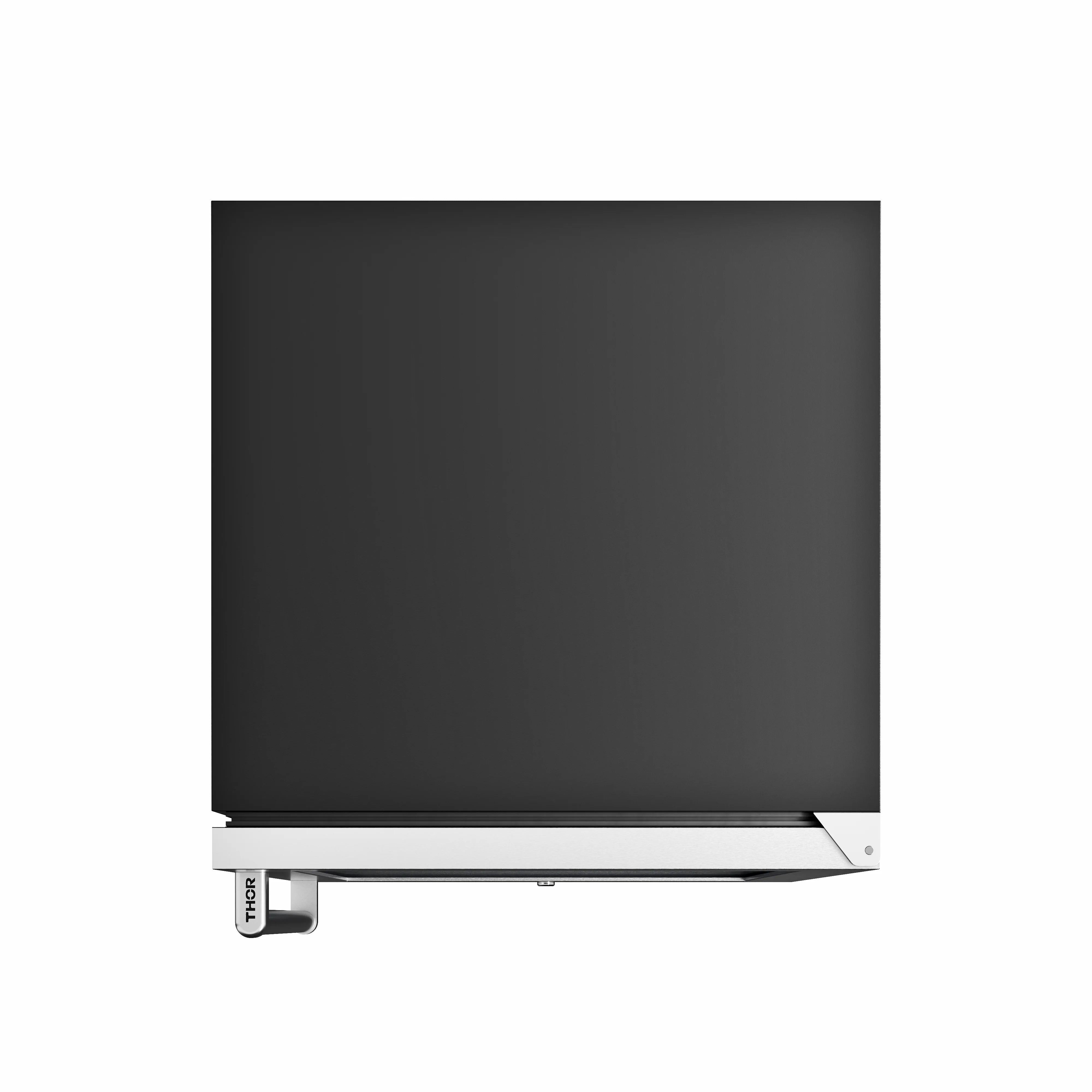 Stainless beverage cooler bottom edge with handle detail and front access panel
