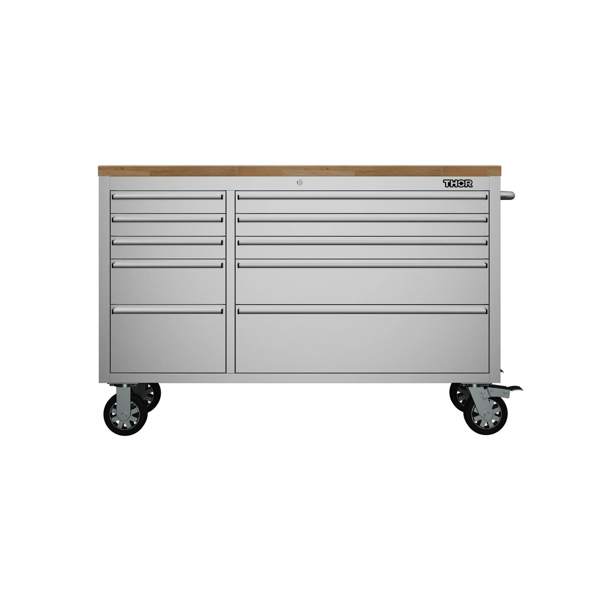 Thor tool workbench with gray drawer front, and four caster wheels