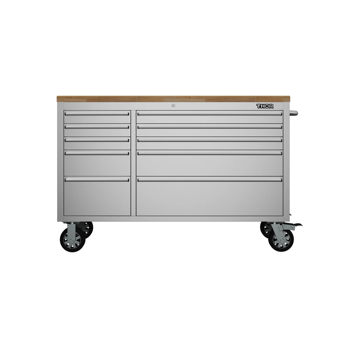 Thor mobile tool workbench with wood top, gray drawers, and caster wheels