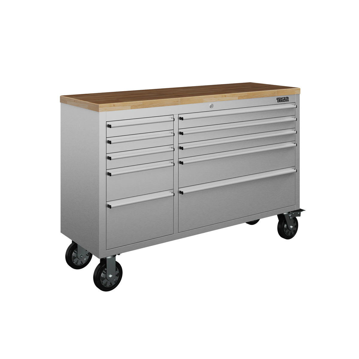Gray mobile tool workbench with wood top, drawers, and caster wheels