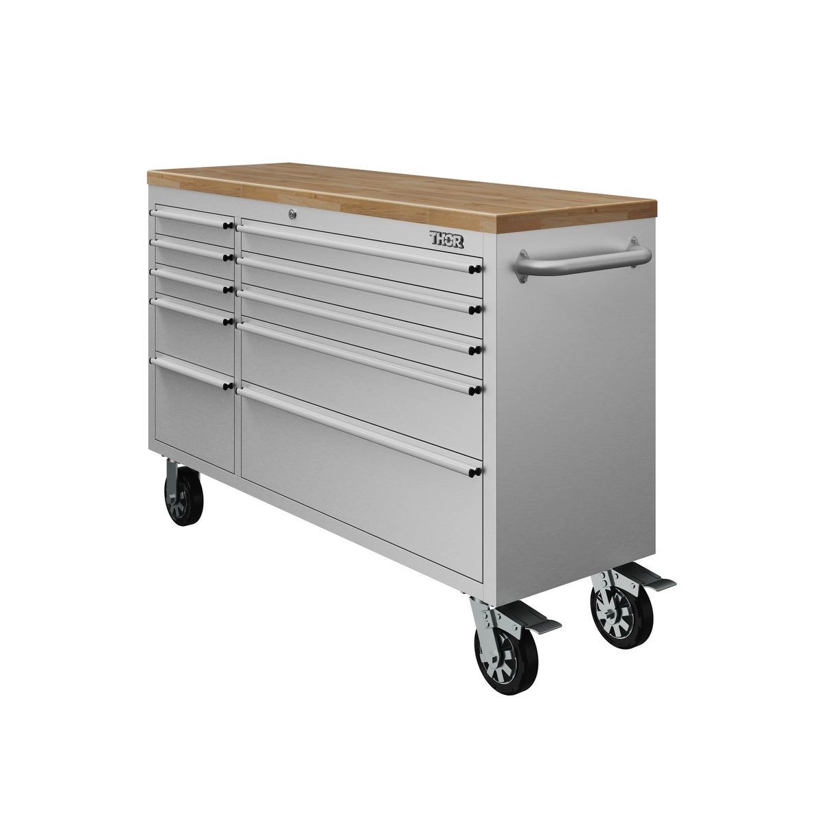 Mobile workbench with wood top, THOR logo, pull-out drawers, and caster wheels