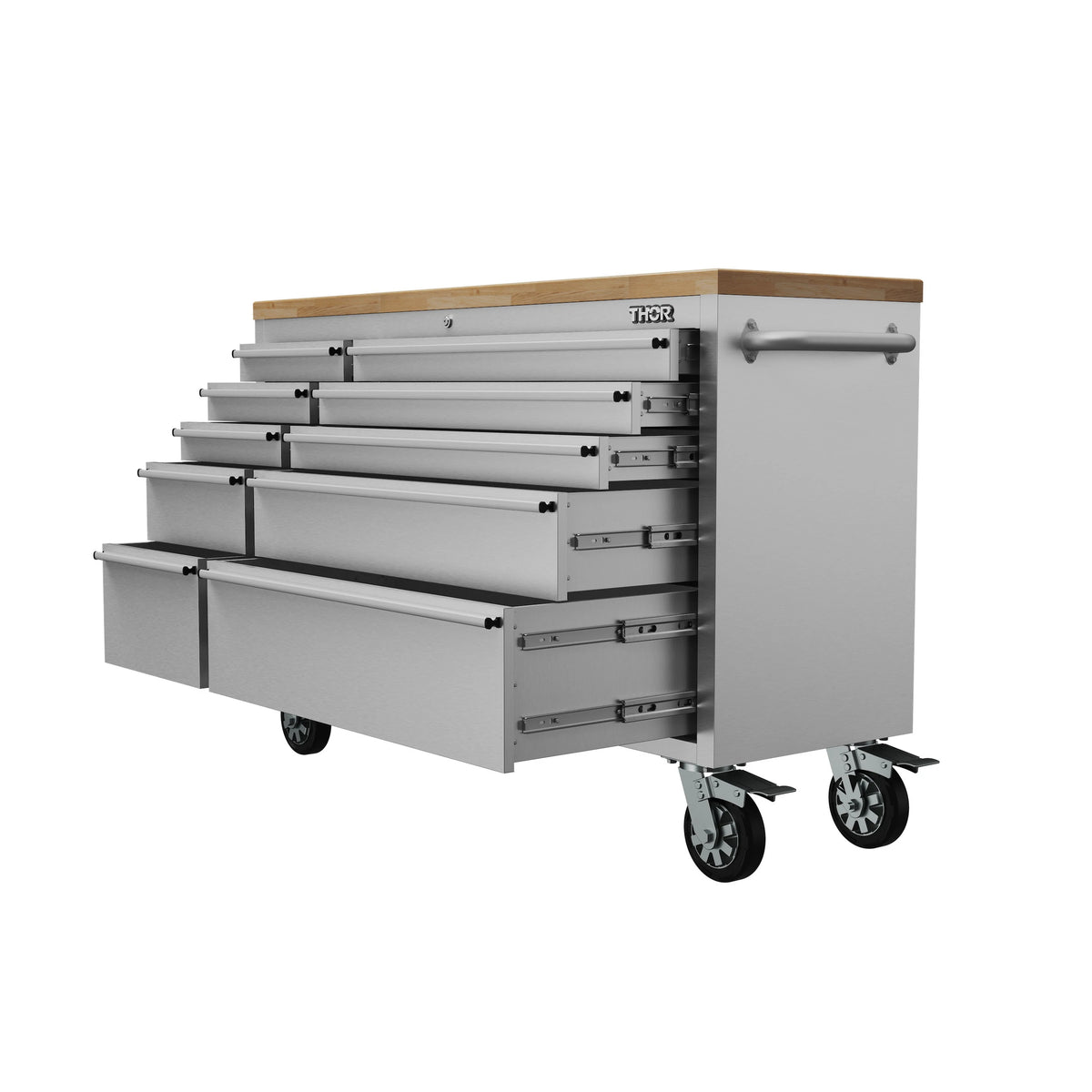 Mobile tool workbench showing open drawers, wood top, and side handle on casters