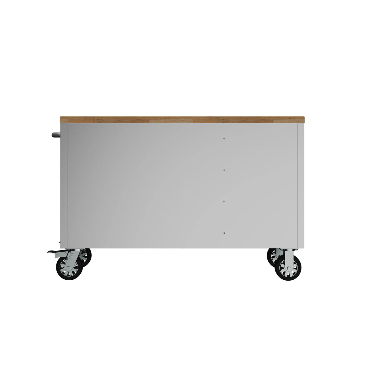 Mobile tool workbench back panel with wood top and caster wheels