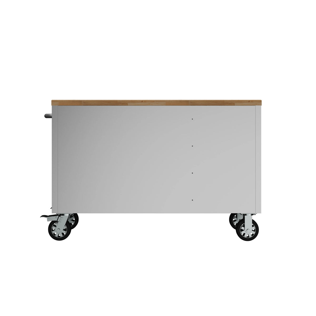 Mobile tool workbench rear view with wood top edge and four caster wheels