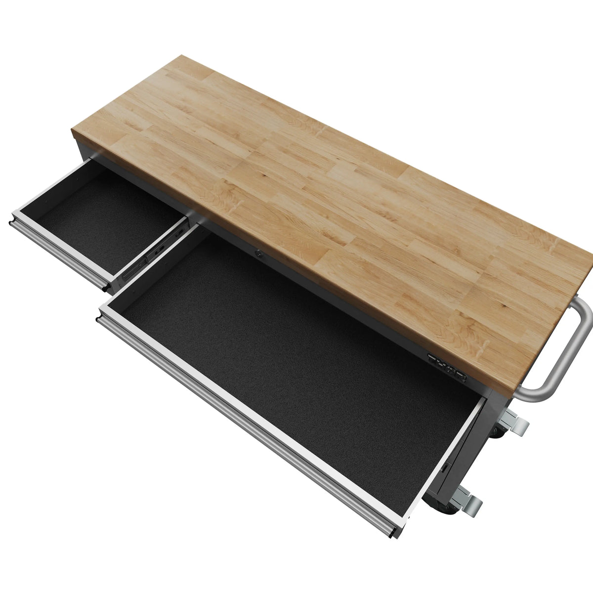 Tool workbench open top showing two black storage compartments under wood panel