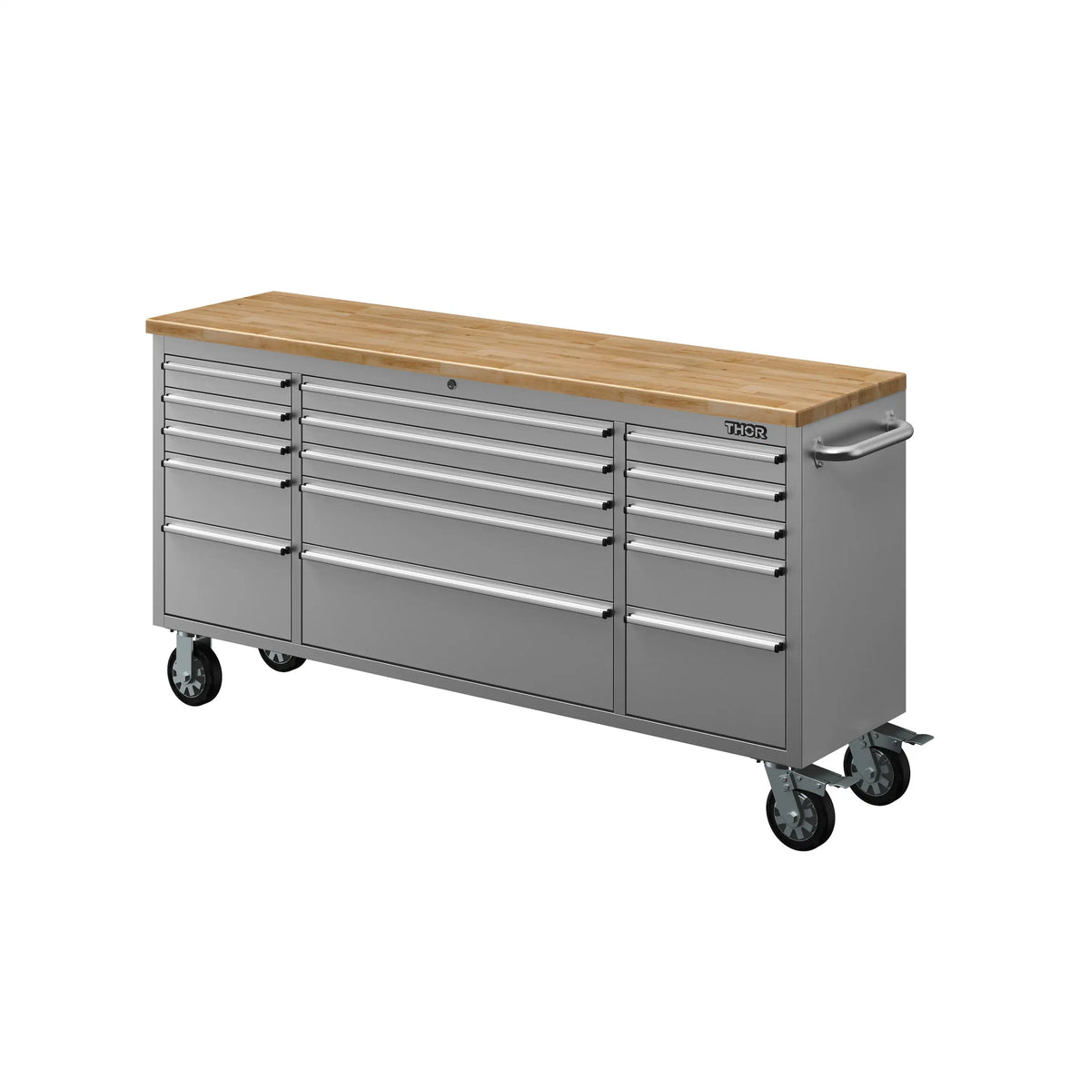 Mobile tool workbench with wood top, multiple drawers, and side handle, on four casters
