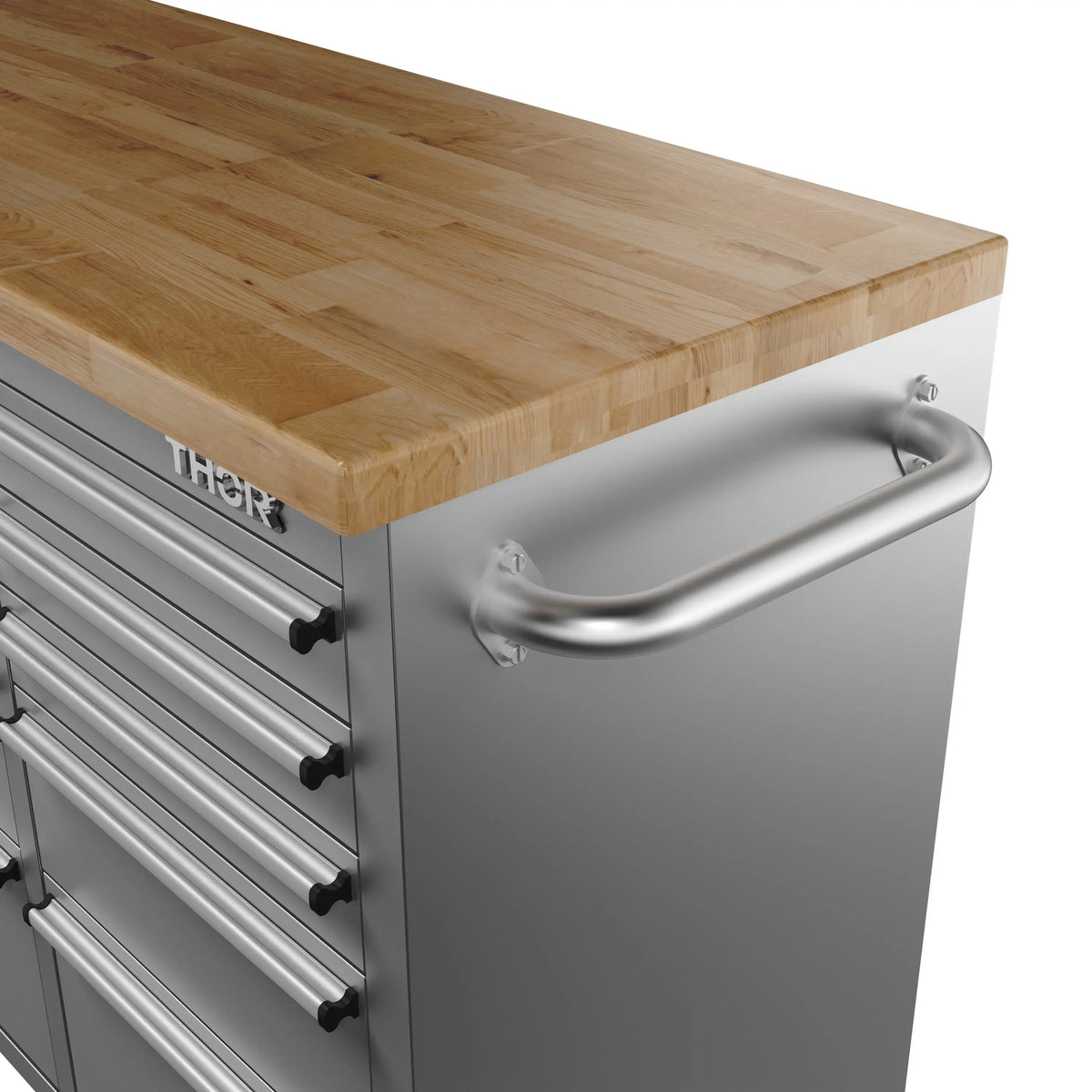 Mobile tool cabinet with wood top, curved handle, and THOR branding