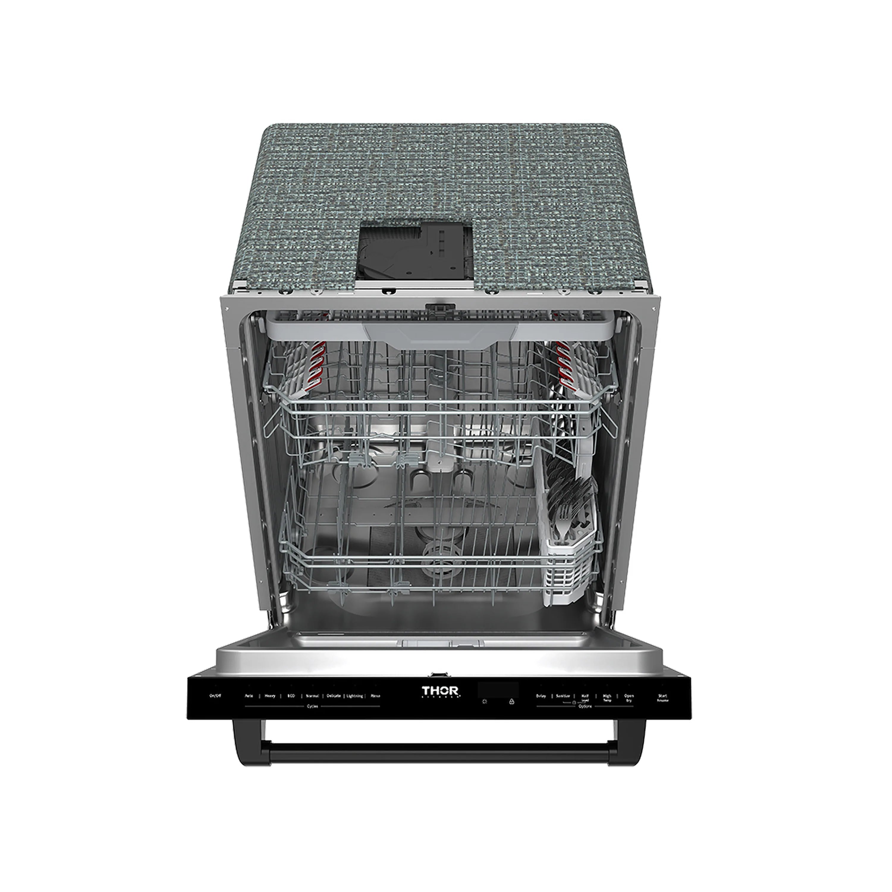 Open black built-in dishwasher showing stainless racks and interior tub.